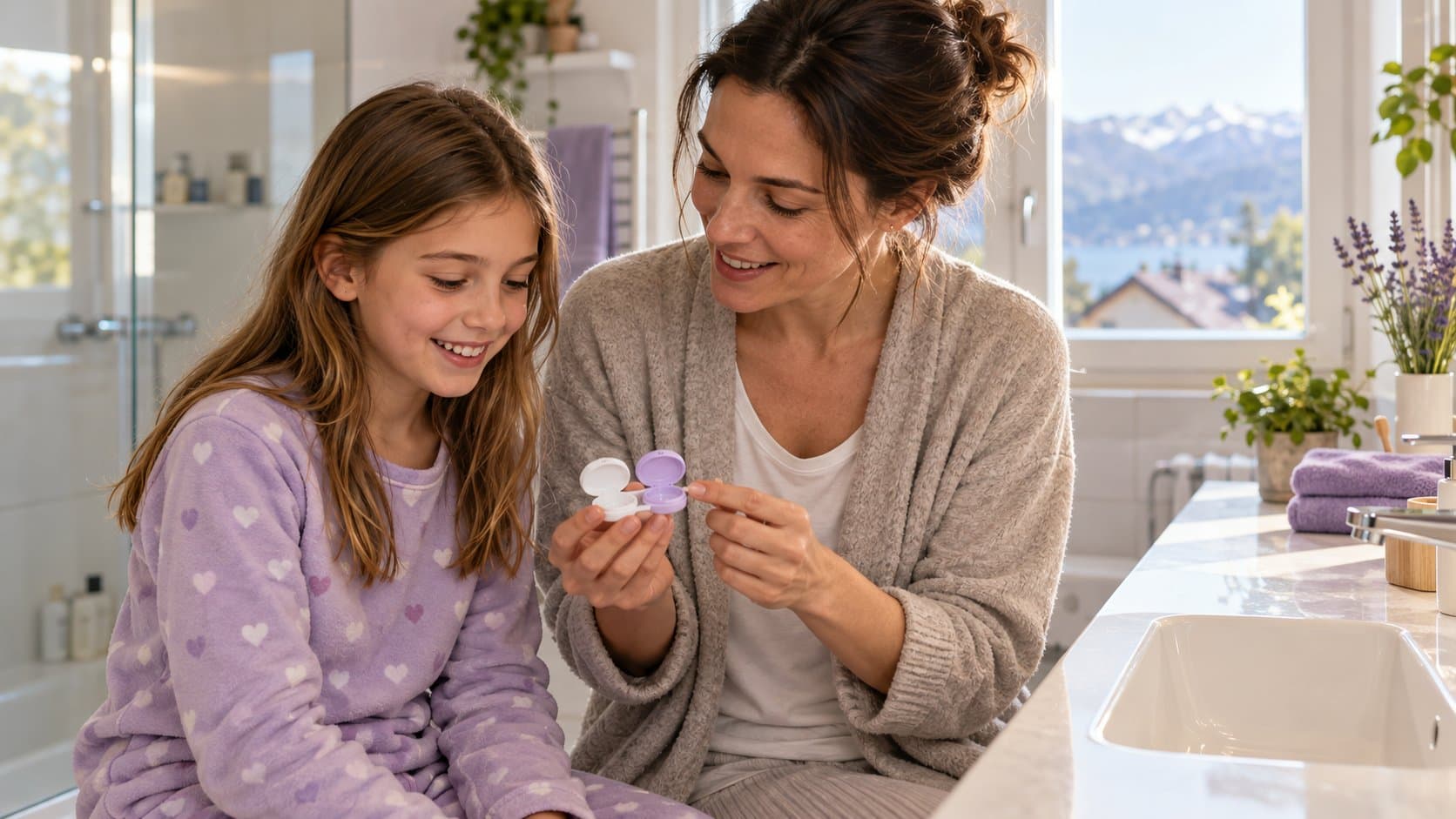 Dans une salle de bains lumineuse, une mère montre à sa fille en pyjama un étui à lentilles ouvert