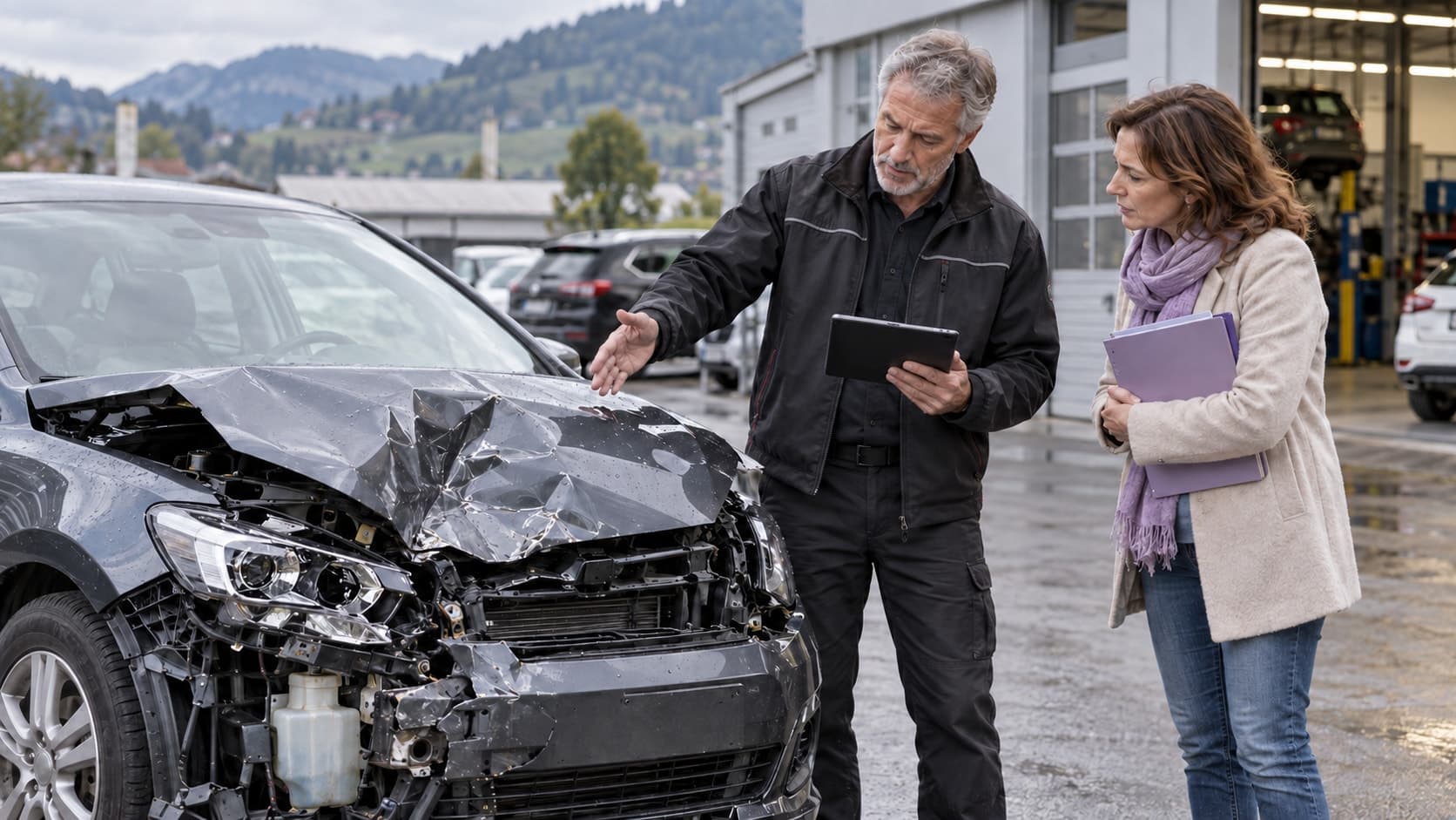 Dans la cour d’un garage, un expert tenant une tablette montre l’avant fortement endommagé d’une voiture à sa propriétaire. Elle l’écoute, un dossier sous le bras, avec des collines en arrière-plan.
