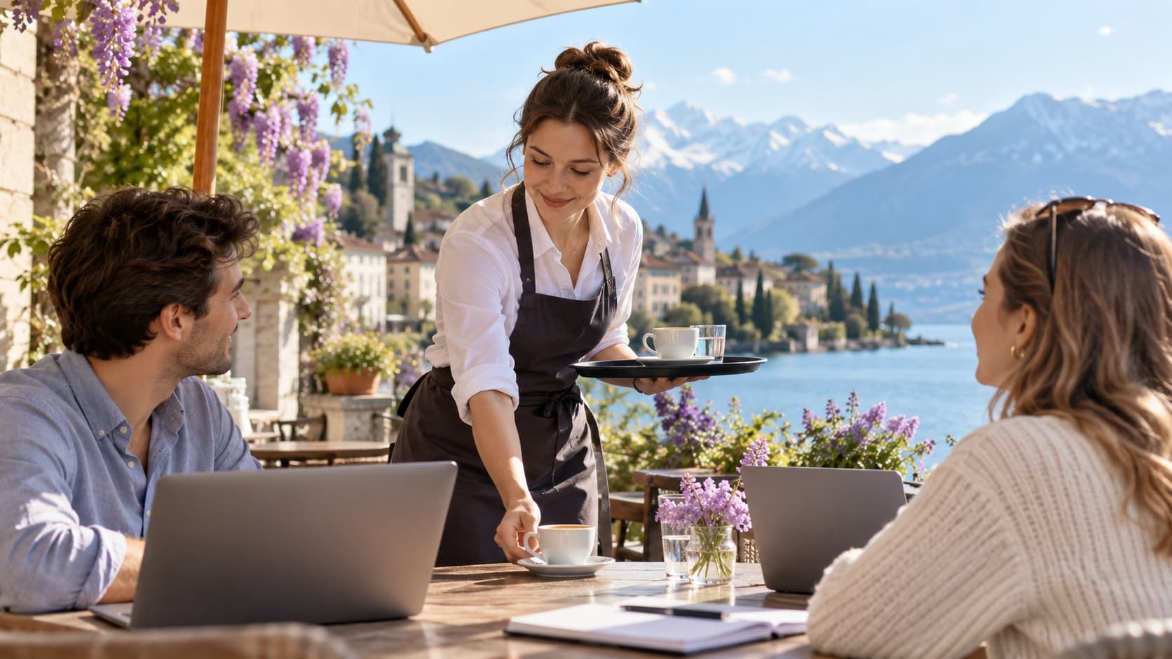 Une jeune serveuse en tablier apporte des cafés à une table en terrasse, au bord d’un lac un matin d’été.
