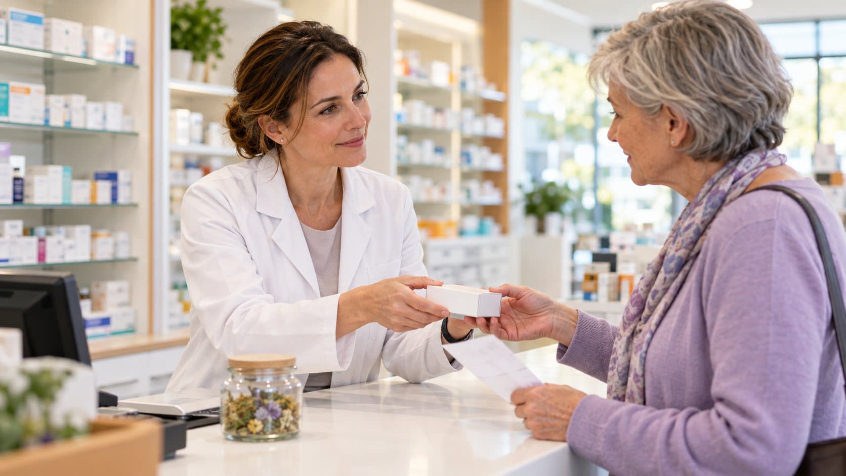 Dans une pharmacie lumineuse, une pharmacienne tend une boîte de médicament à une cliente qui tient son ordonnance, un bocal de plantes séchées sur le comptoir.