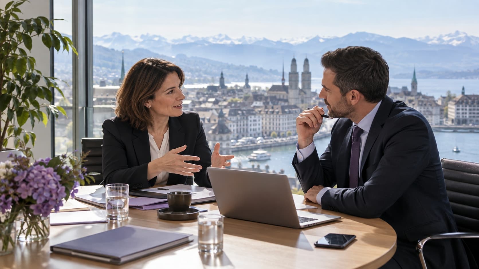Une directrice et un conseiller discutent autour d’une table dans un bureau vitré qui donne sur une vieille ville au bord du lac.