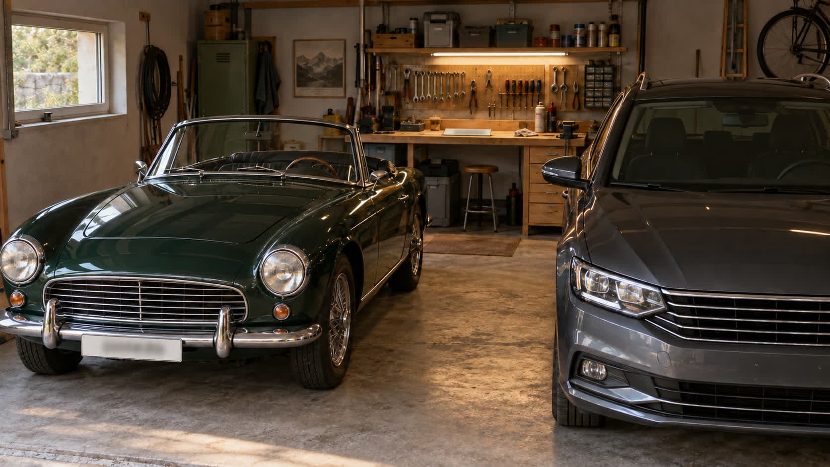 Deux voitures garées côte à côte dans un garage double, l’une avec ses plaques, l’autre sans