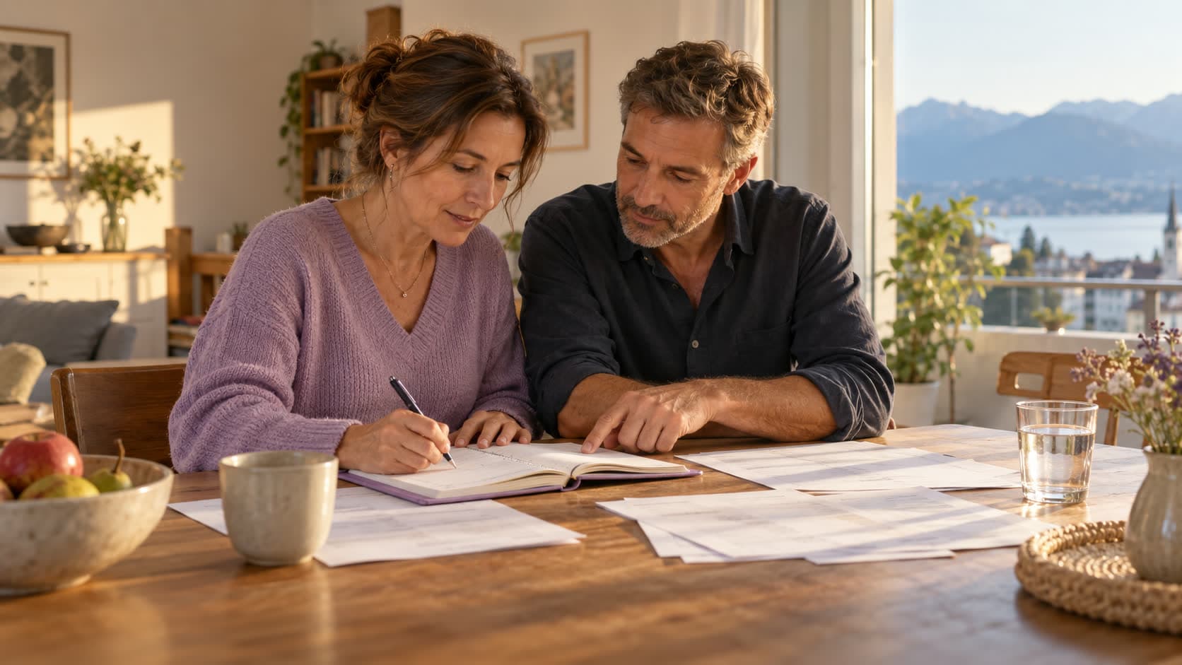 Une femme écrit dans un agenda ouvert pendant que son compagnon montre une page parmi les documents étalés sur la table