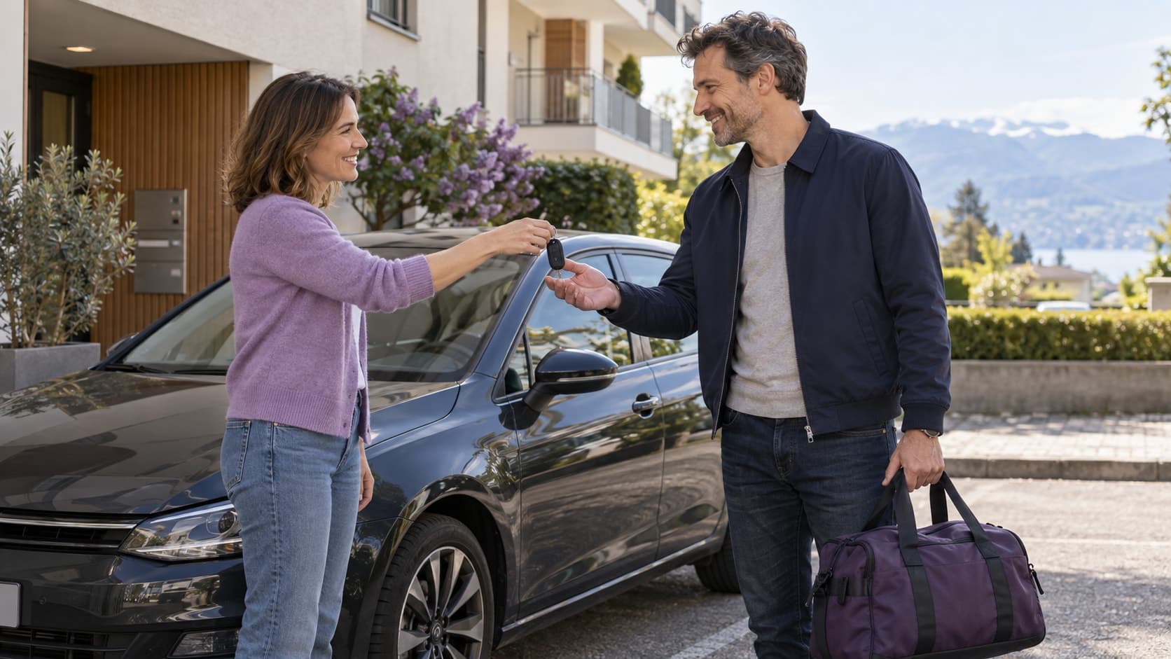 Devant un immeuble, une femme tend des clés de voiture à un homme souriant portant un sac de voyage, près d’une voiture sombre.