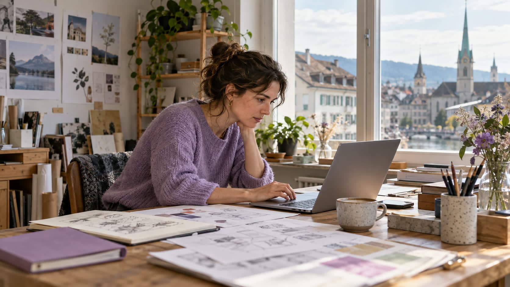 Une graphiste travaille sur son ordinateur dans un atelier lumineux, avec des esquisses et une tasse de café sur la table