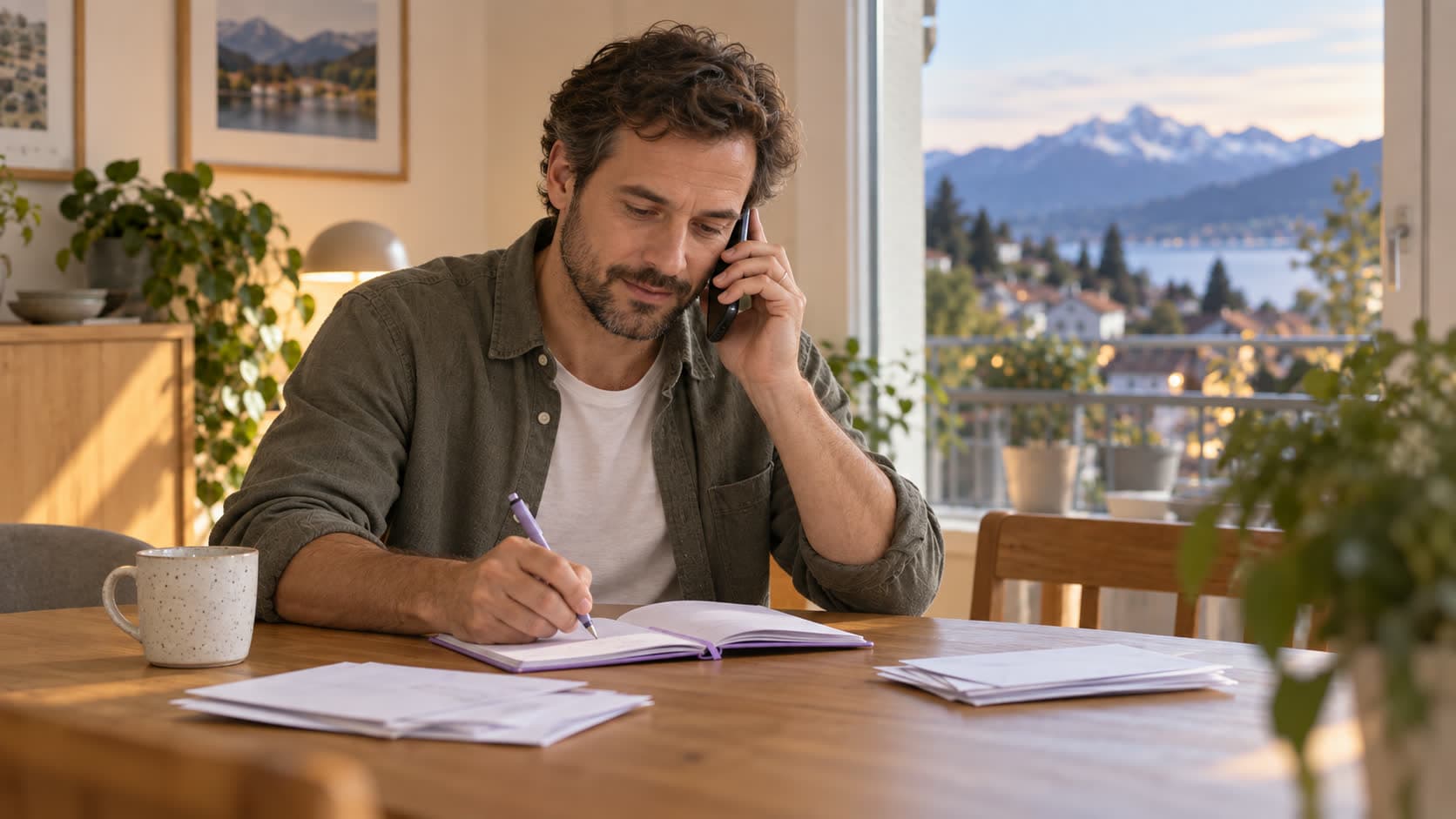 Un homme trie son courrier et prépare un budget à la table de sa cuisine, téléphone à l’oreille