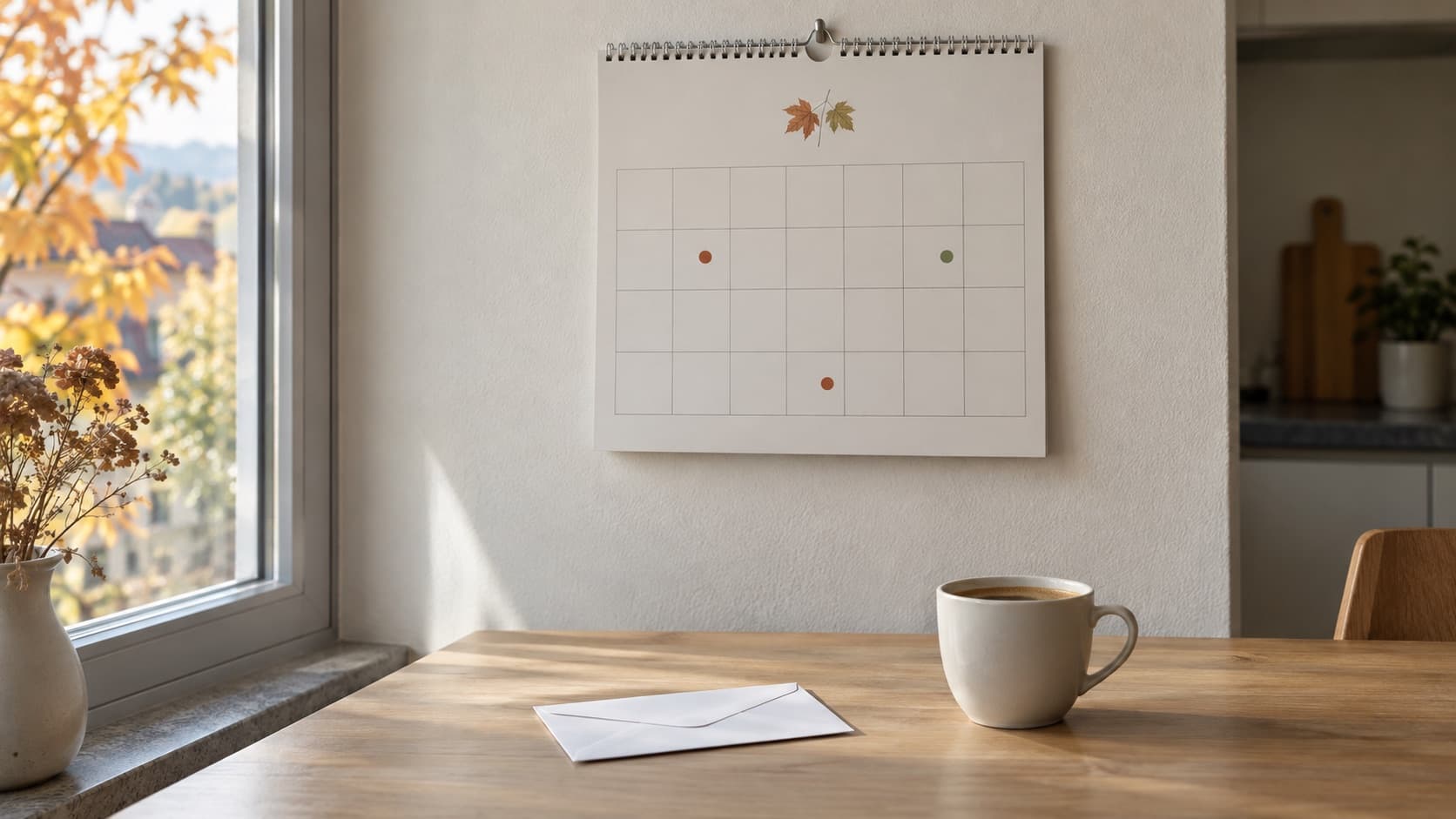 Un calendrier mural ouvert sur les mois d’automne, une enveloppe et une tasse posées sur la table en dessous, lumière du matin