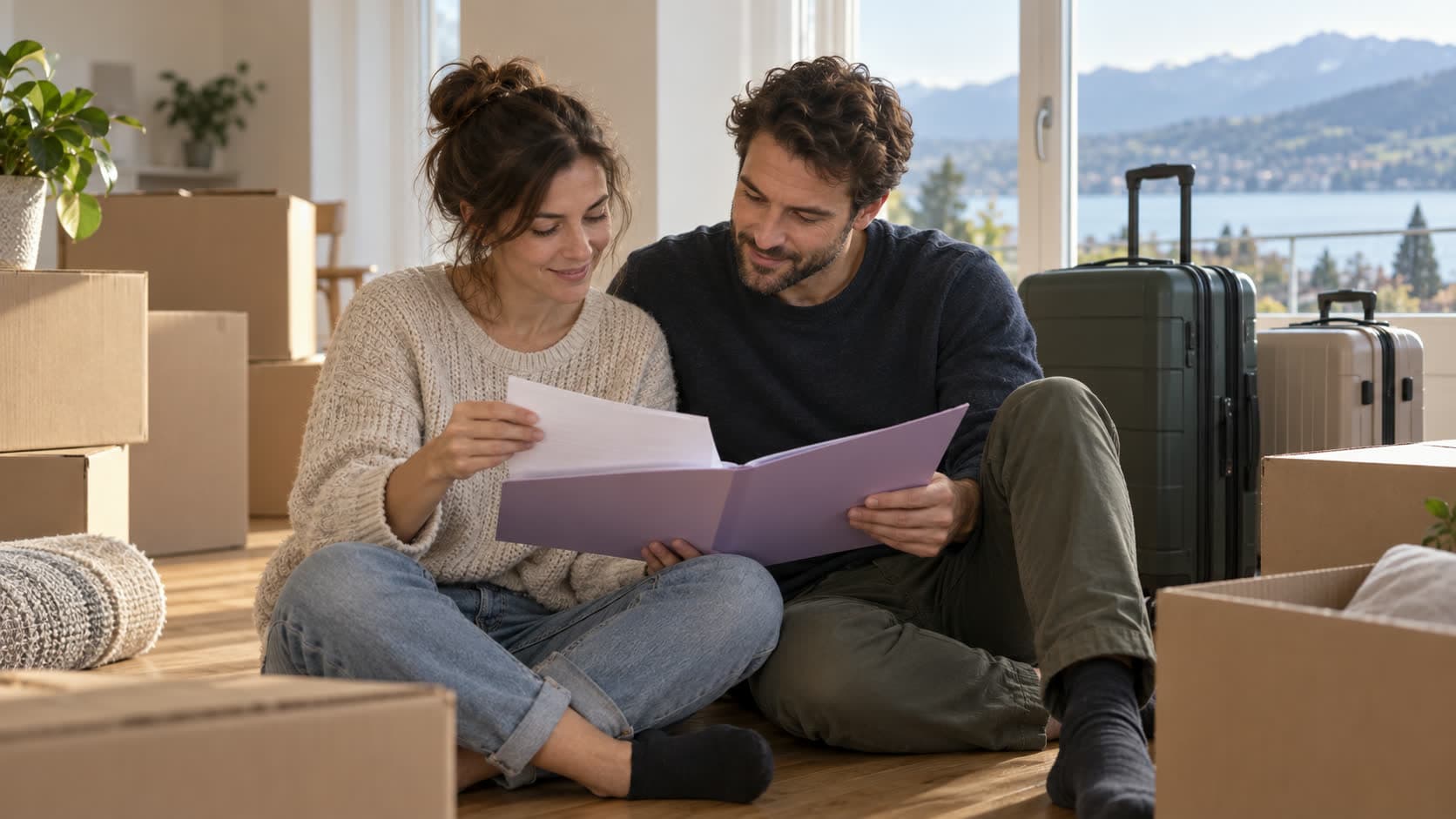 Un couple vérifie ses documents au milieu des cartons, le jour de son départ à l’étranger