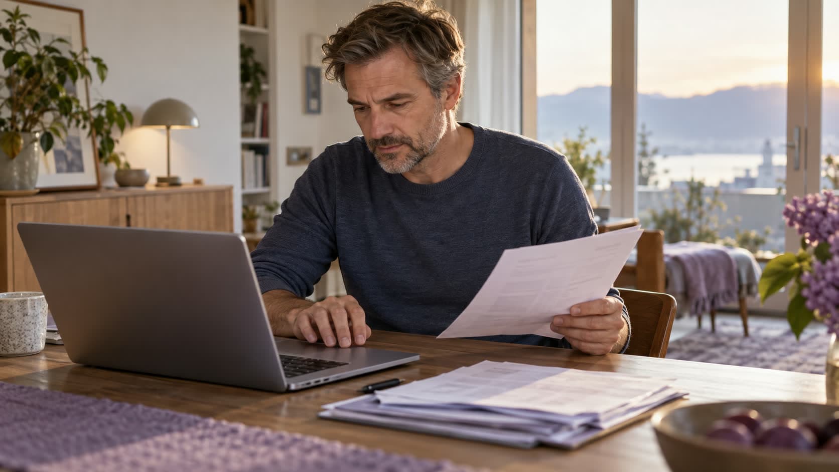 Un homme consulte un document à son bureau tout en utilisant son ordinateur portable
