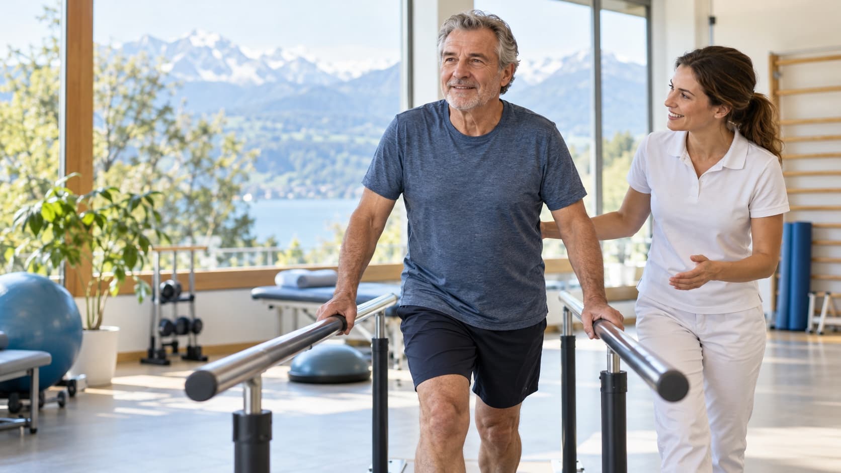 Dans une salle de réadaptation lumineuse face au lac et aux montagnes, un homme d’une soixantaine d’années marche entre deux barres parallèles, encouragé par une physiothérapeute