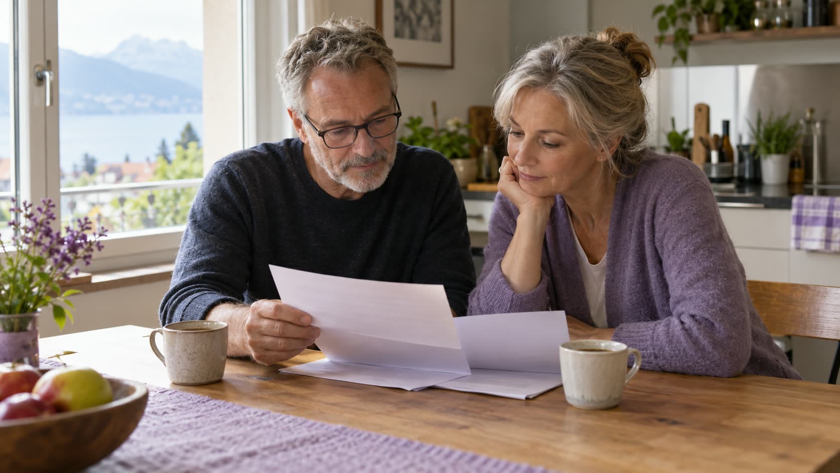 Un couple de retraités lit ensemble un courrier à la table de la cuisine, avec deux tasses de café