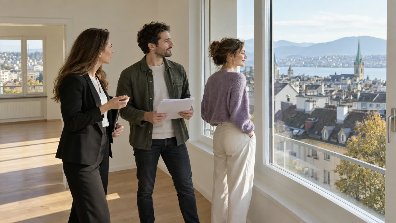 Un couple visite un appartement vide avec une agente immobilière ; l’homme tient des documents tandis que sa compagne regarde par la fenêtre