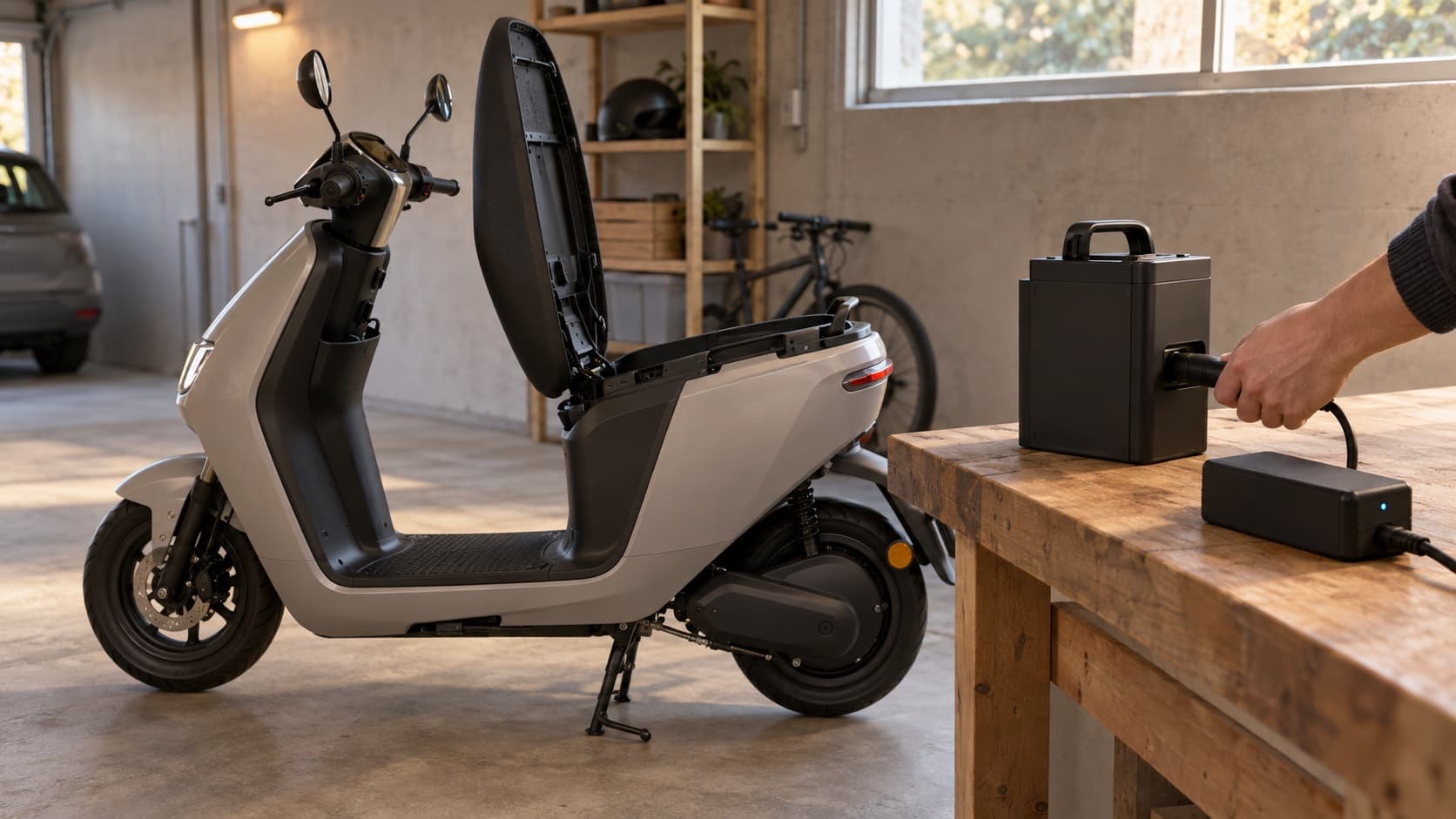 La batterie amovible d’un scooter électrique posée sur un établi, pendant la recharge dans un garage