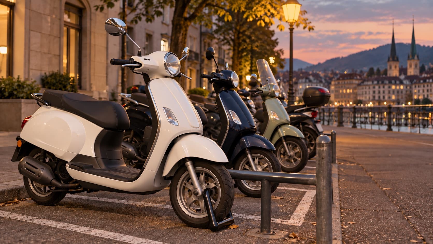 Des scooters garés en bord de rue le soir, l’un attaché par un antivol à la roue avant