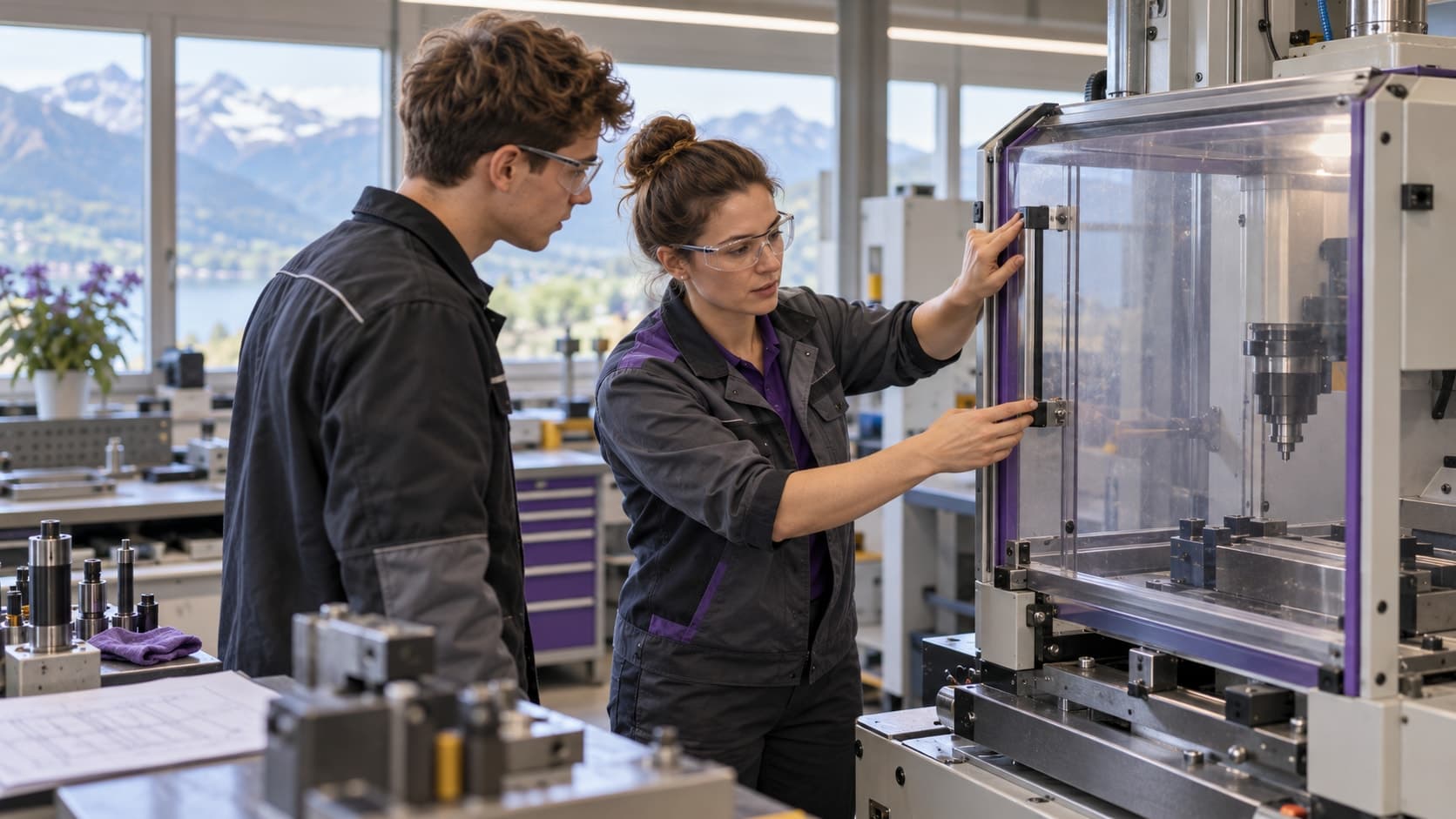 Dans un atelier, une responsable montre à un jeune employé comment régler la protection transparente d’une machine.