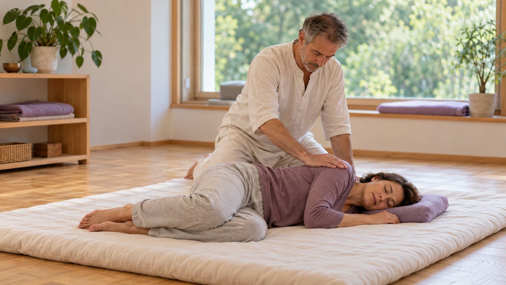 Dans un cabinet au parquet clair, un thérapeute agenouillé sur un futon exerce une pression de la paume sur l’épaule d’une femme allongée sur le côté.