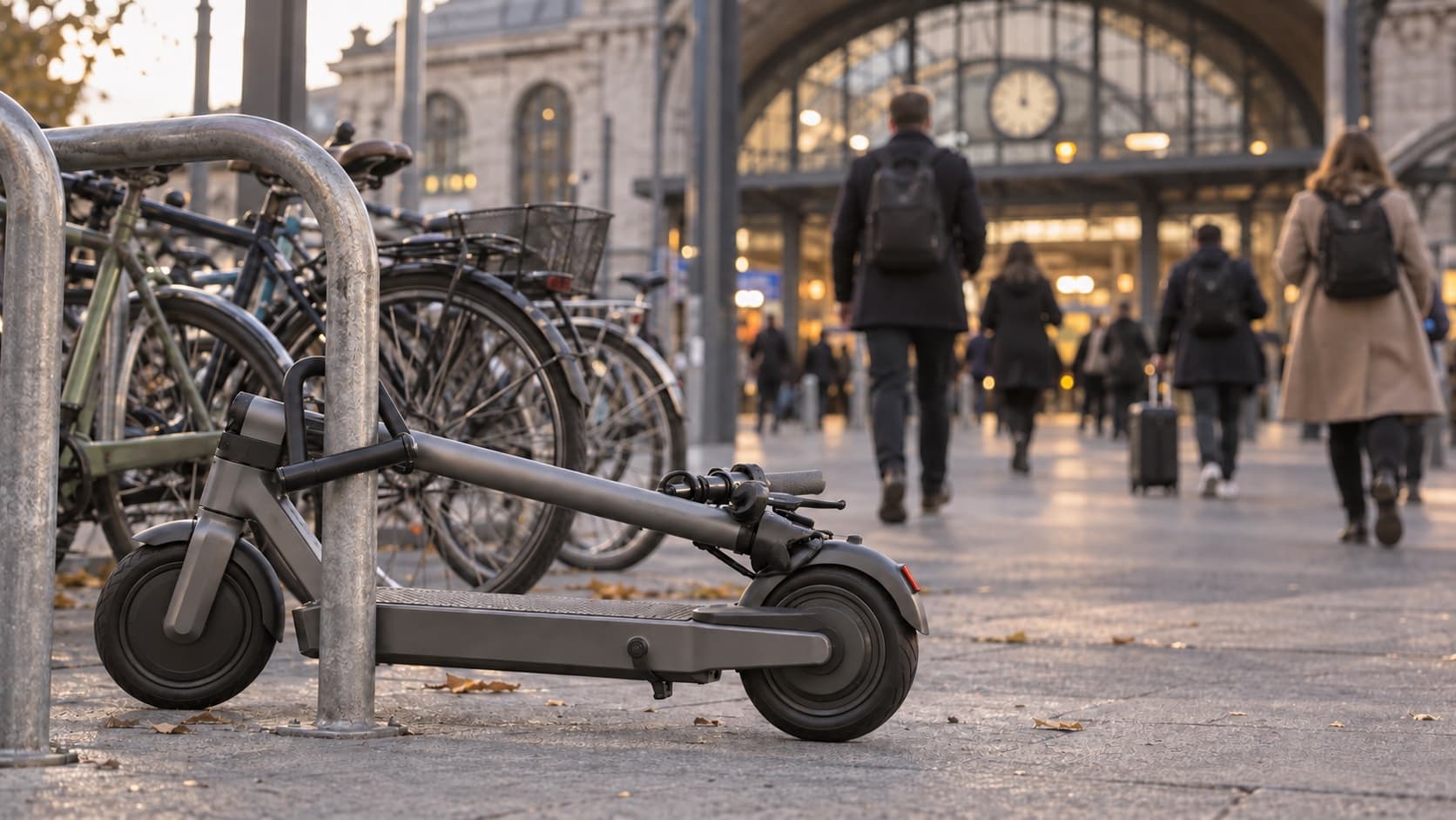 Une trottinette électrique pliée et attachée par un antivol à un arceau à vélos, devant l’entrée d’une gare