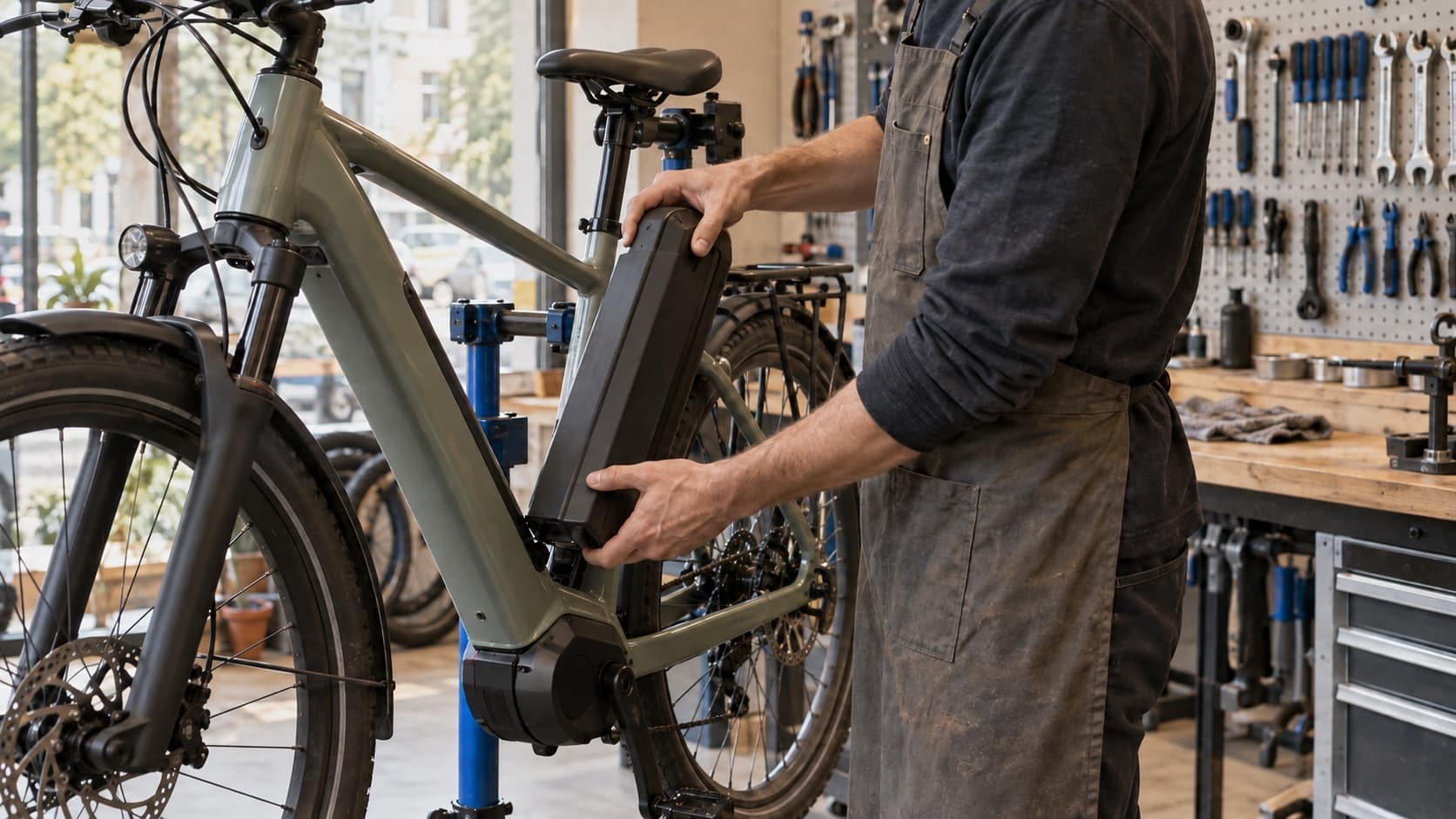 Un mécanicien retire la batterie d’un vélo électrique posé sur un pied d’atelier