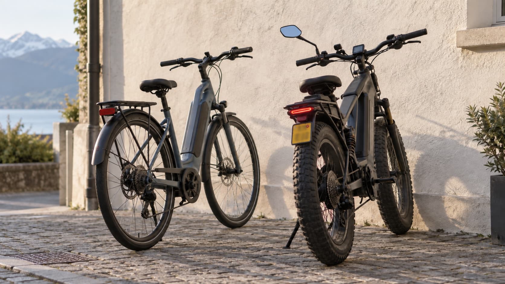 Deux vélos électriques côte à côte contre un mur, l’un sans plaque, l’autre avec une petite plaque jaune à l’arrière