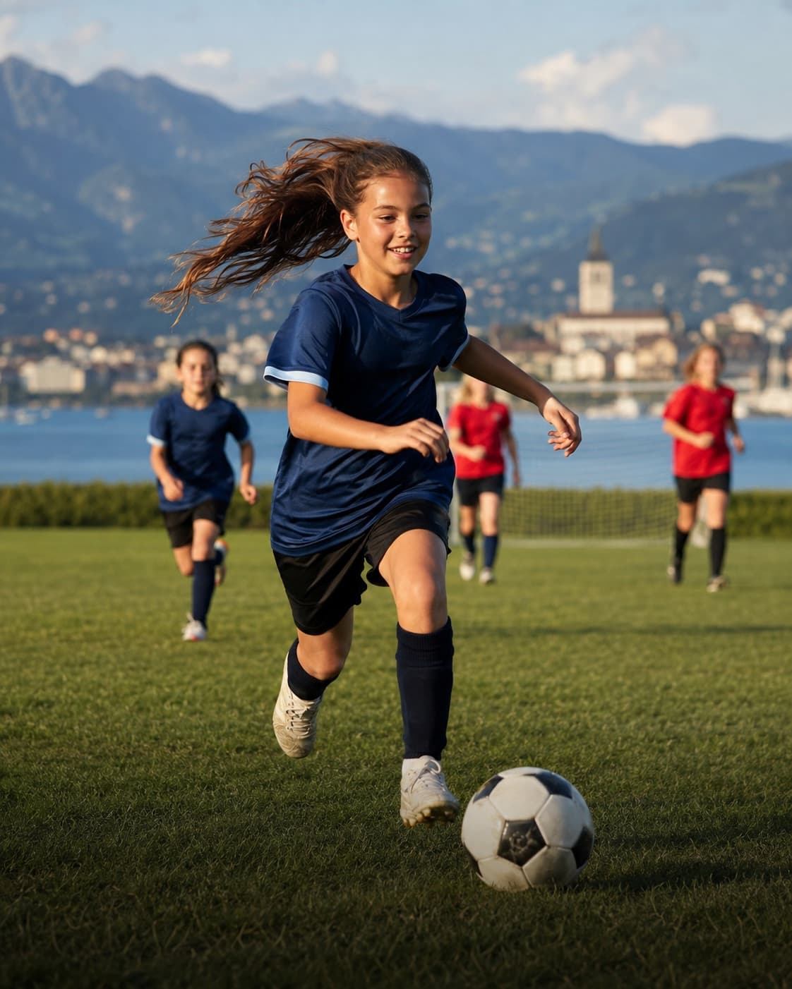 Jeune fille courant avec un ballon sur un terrain au bord d’un lac suisse