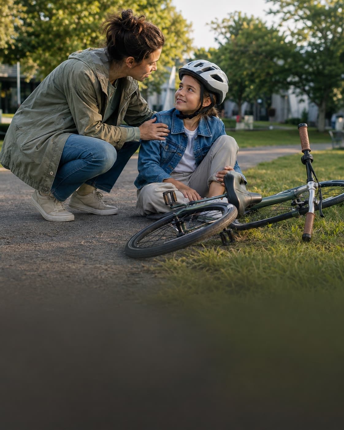 Mère rassurant sa fille après une chute à vélo