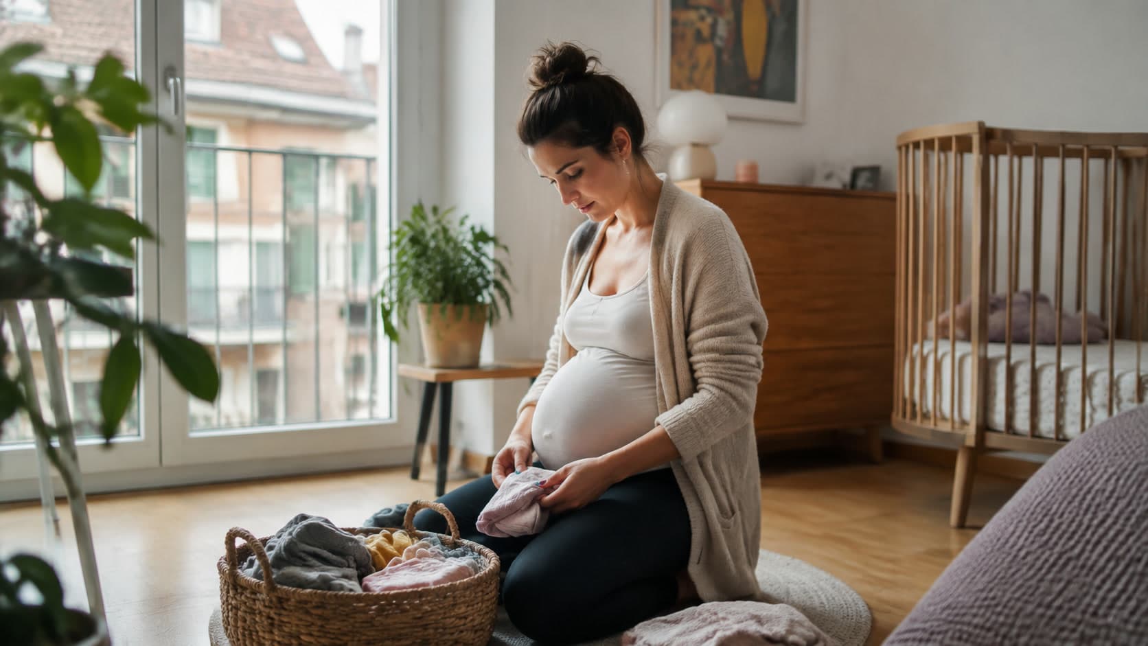 Femme enceinte assise au sol dans une chambre lumineuse, pliant des vêtements de bébé près d’un berceau