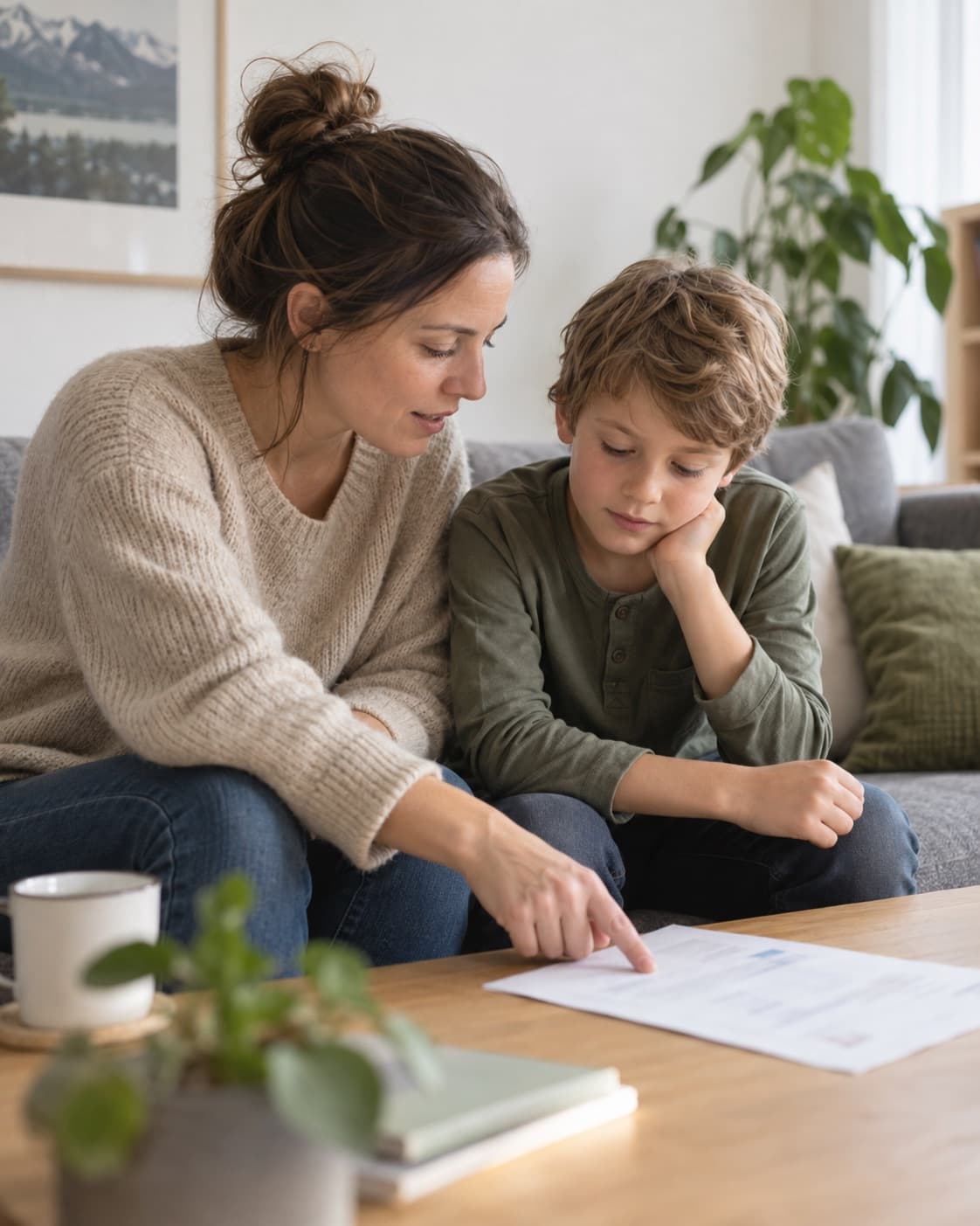 Une mère et son fils de huit ans regardent ensemble un document posé sur la table du salon, elle lui montre une ligne du doigt.