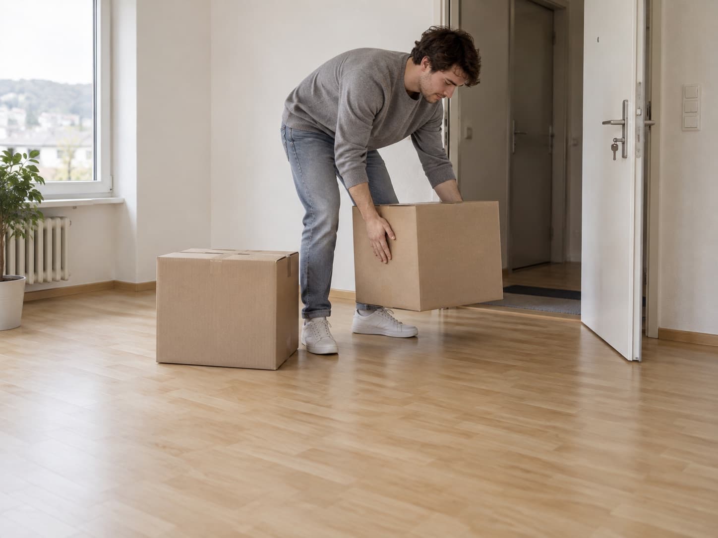 Un jeune homme pose un carton dans un appartement vide, la clé encore dans la serrure de la porte ouverte.