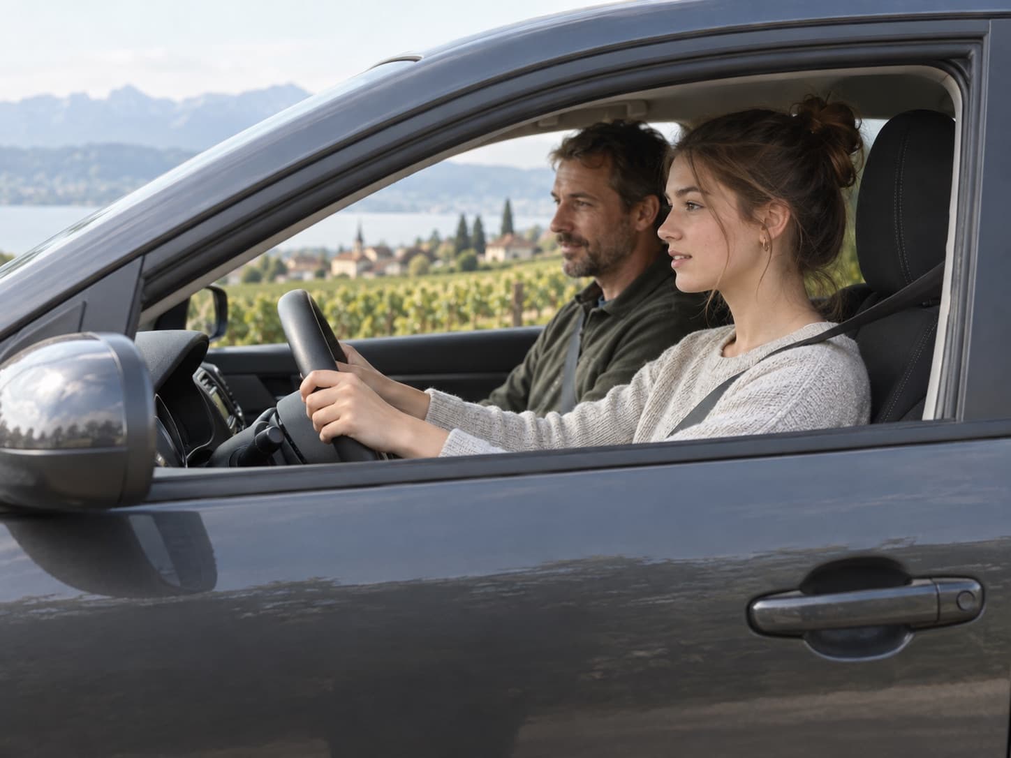 Une jeune femme au volant d’une petite voiture, un moniteur à côté d’elle, sur une route de campagne.