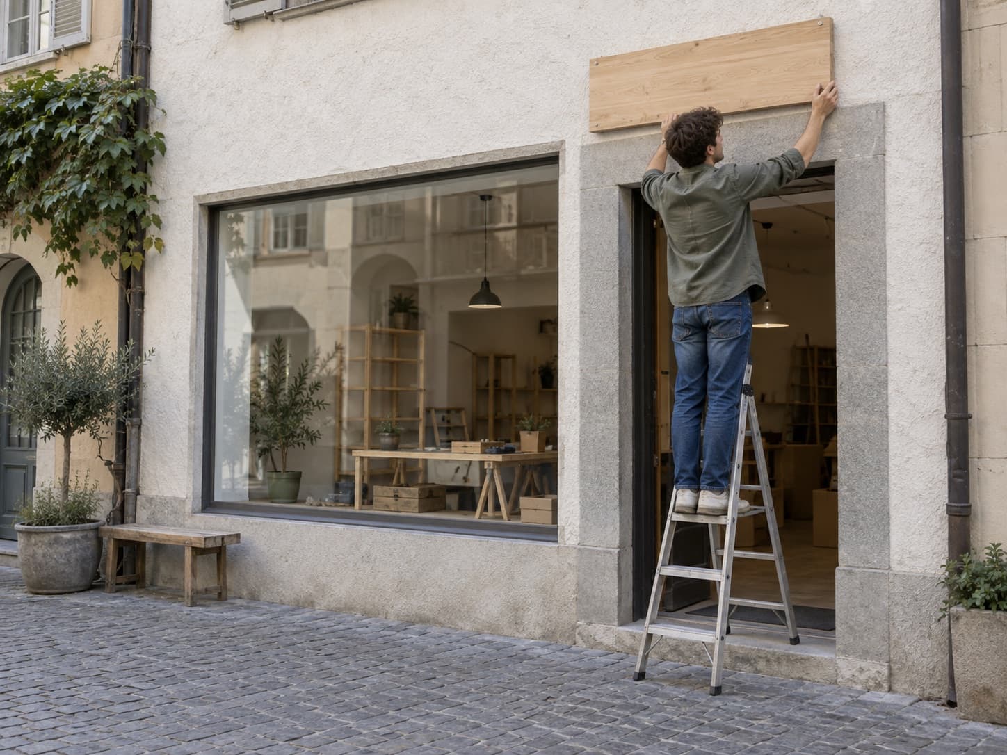 Un jeune homme accroche l’enseigne d’une petite boutique, vue depuis la rue, un escabeau posé contre la vitrine.