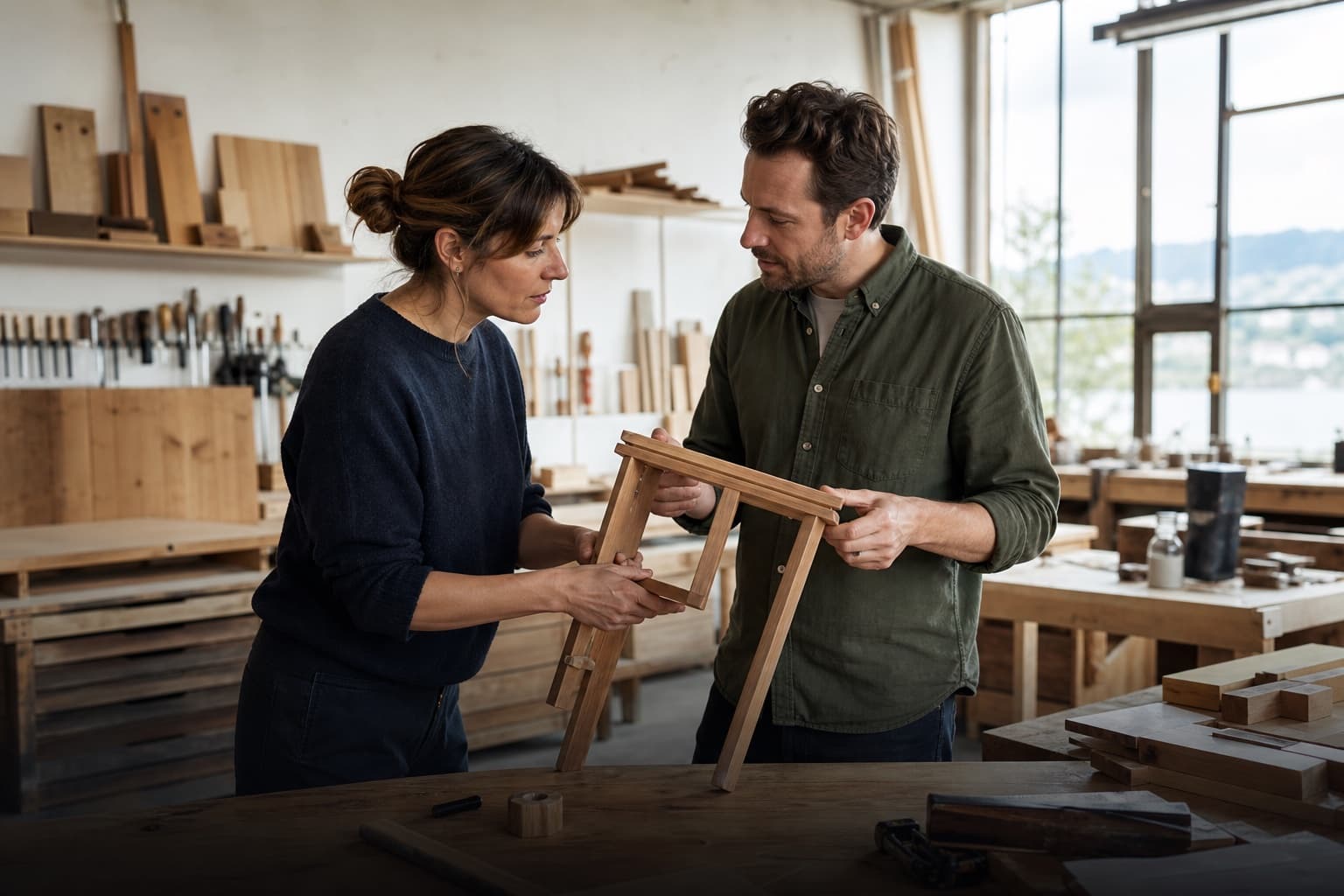 Une femme et un homme examinent une chaise en bois dans un atelier de menuiserie.