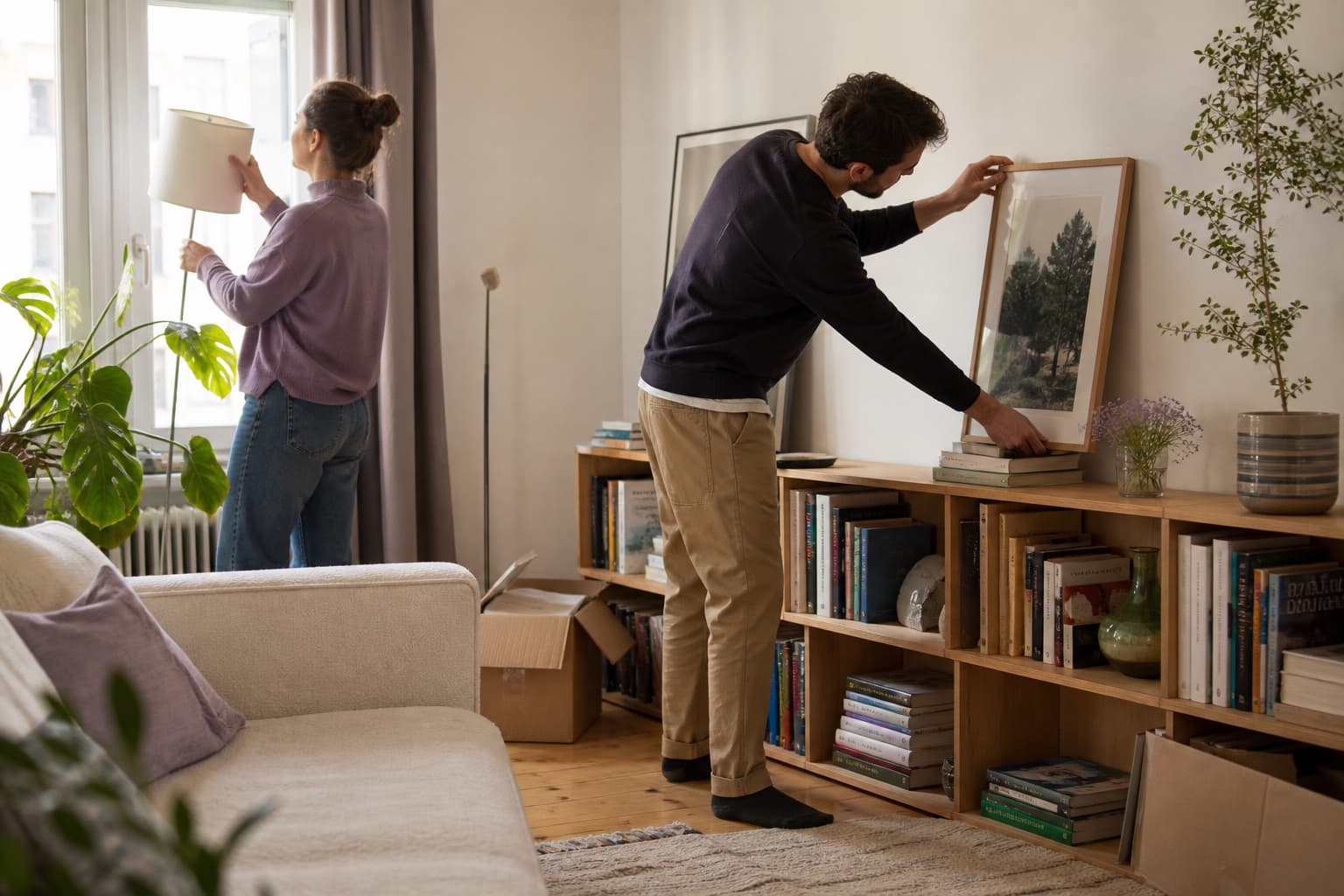 Un homme accroche un cadre au mur d’un salon, une femme de dos range une étagère.