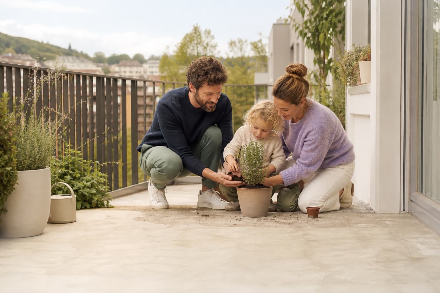 Un couple et leur petite fille rempotent une plante sur un balcon, la fillette tenant le pot.