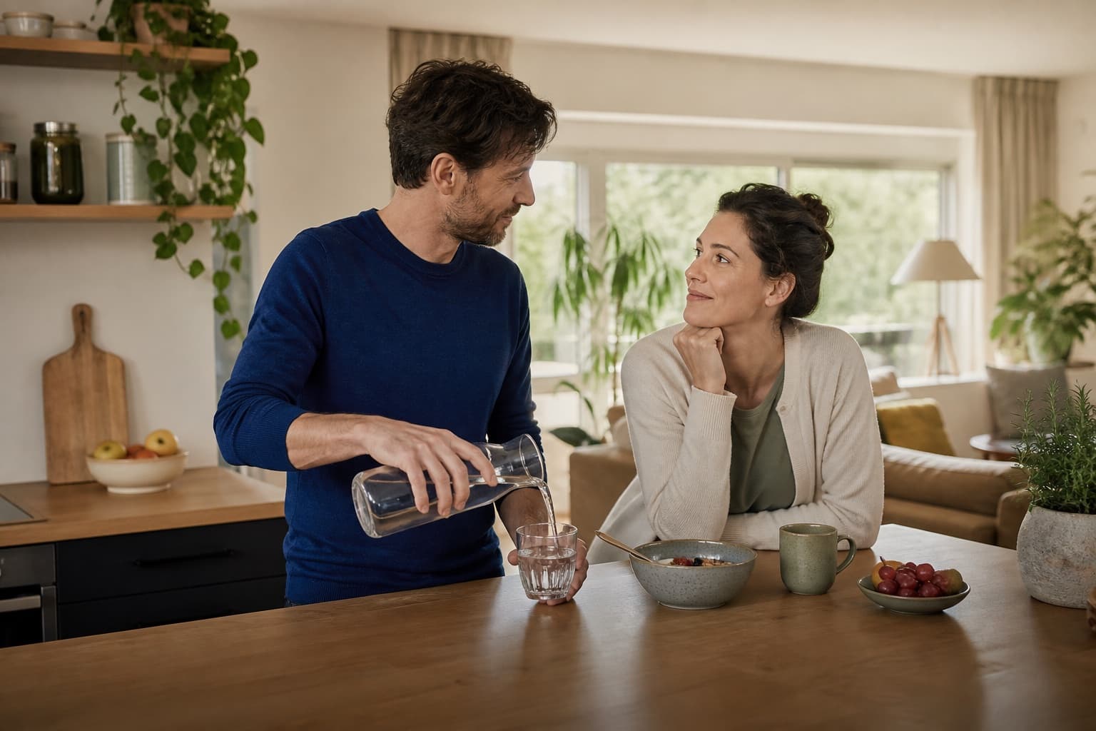 Un homme sert un verre d’eau à une femme assise à la table du petit-déjeuner, dans un salon lumineux.