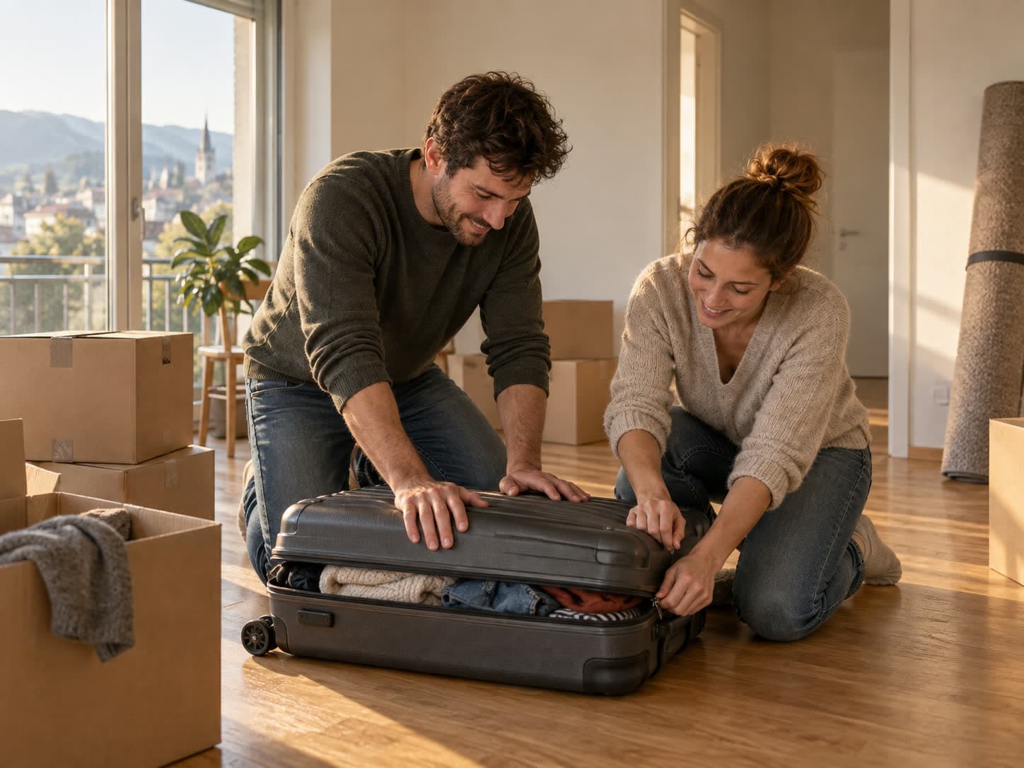 Un couple ferme une valise dans un appartement presque vide, des cartons de déménagement autour d’eux