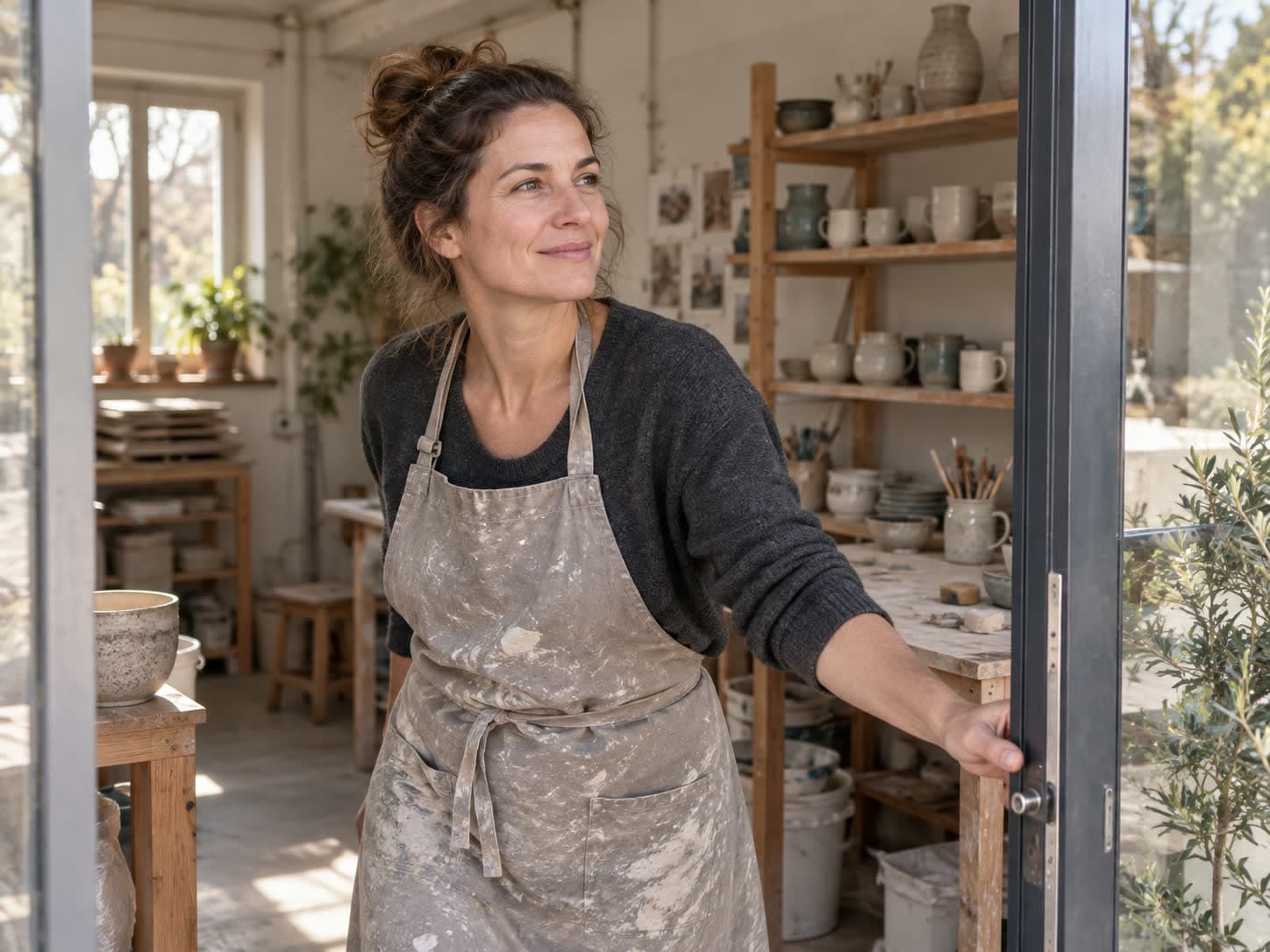 Une femme ouvre la porte de son petit atelier de céramique, des étagères de pièces en arrière-plan
