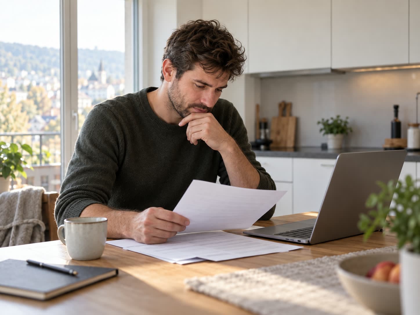 Un homme assis à la table de sa cuisine consulte des documents et un ordinateur portable, un matin de semaine