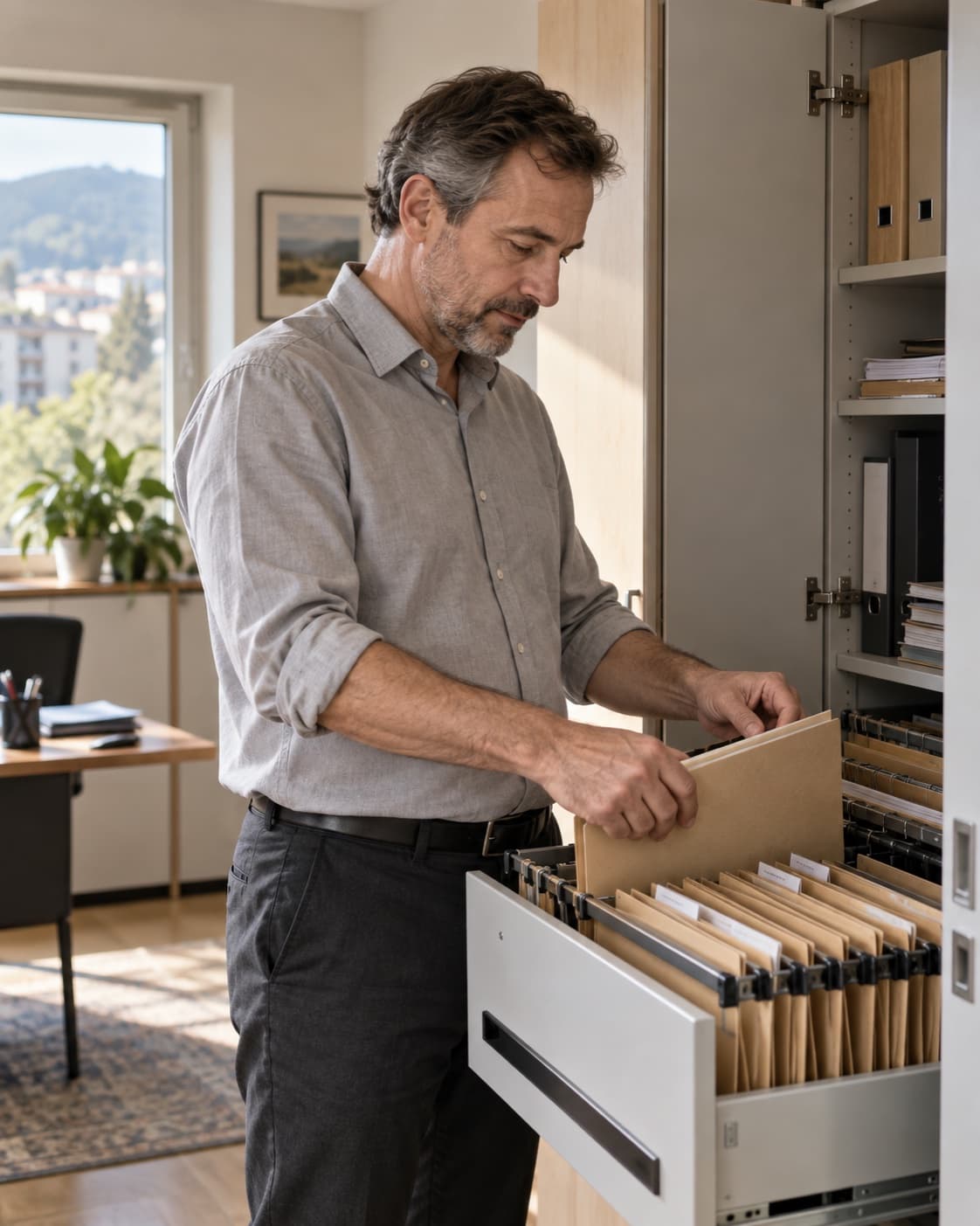Un patron de PME classe des dossiers suspendus dans une armoire de son bureau.