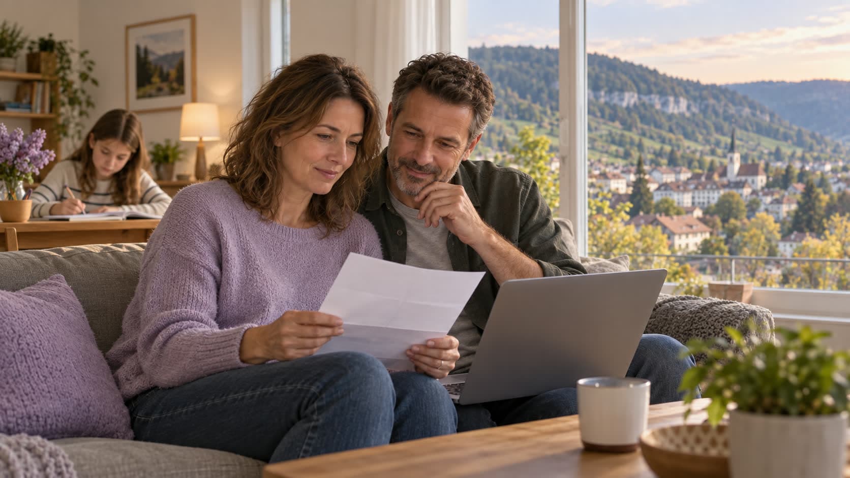 Un couple examine un courrier sur son canapé pendant que sa fille fait ses devoirs, avec vue sur une vallée du Jura bernois