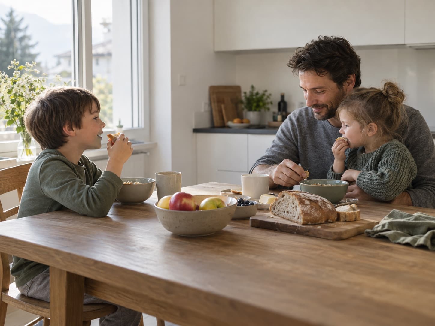 Un père et ses deux enfants prennent le petit-déjeuner dans une cuisine claire, le plus jeune sur ses genoux.