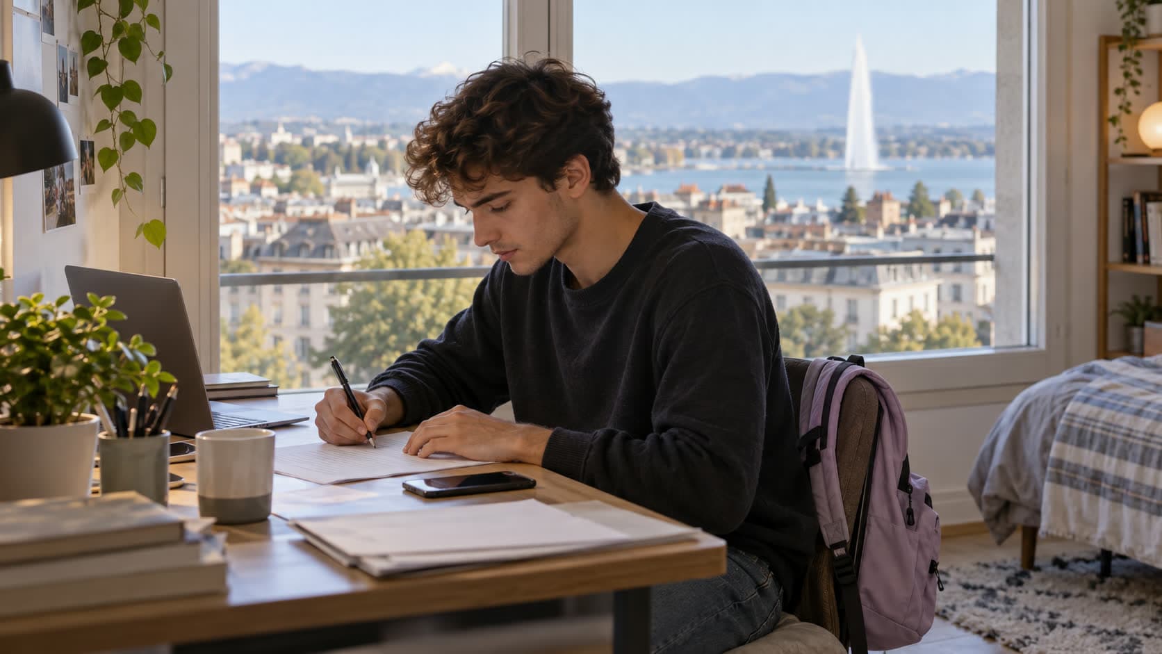 Un jeune homme remplit un formulaire à son bureau, avec vue sur les toits de Genève et le lac