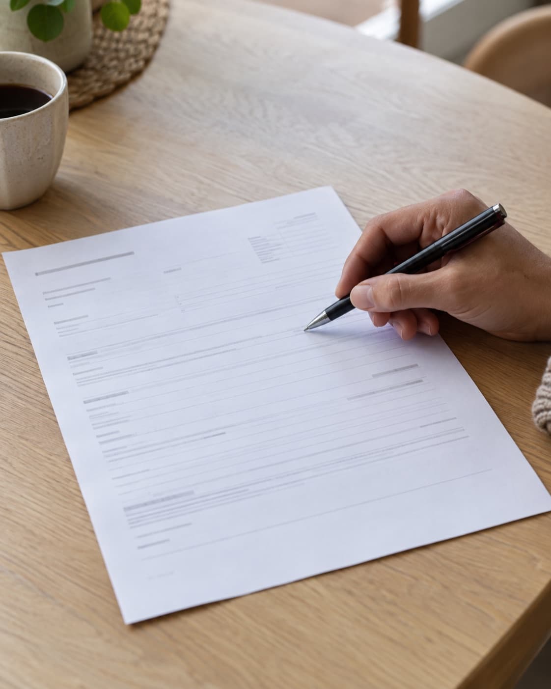Une facture de prime posée sur une table, une main tenant un stylo au-dessus d’une ligne, une tasse à côté.