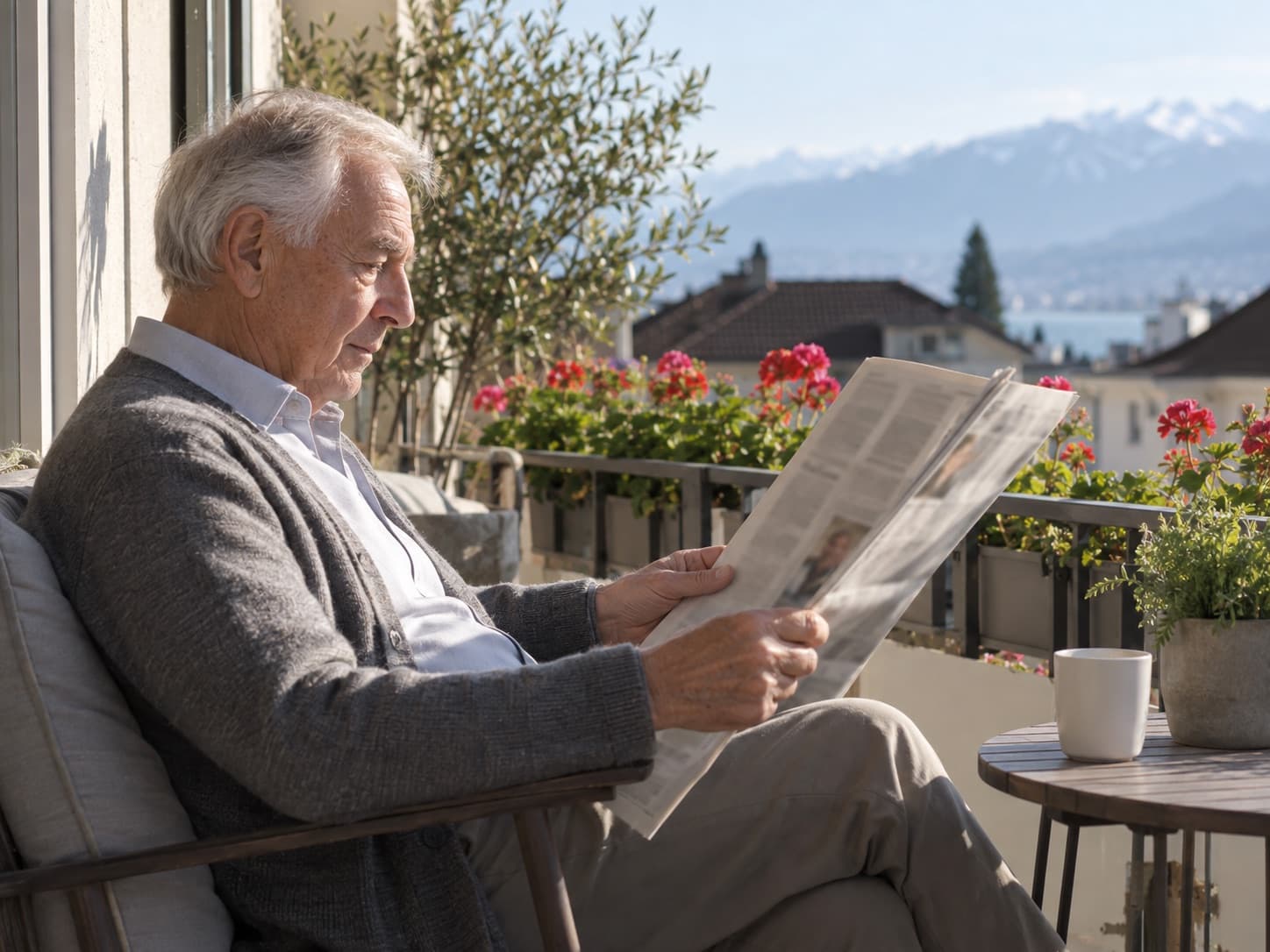 Un homme d’une septantaine d’années lit son journal sur un balcon, une tasse posée sur la table à côté de lui.