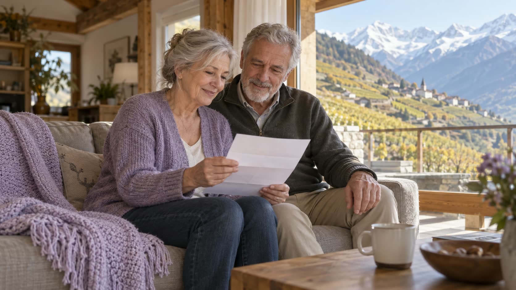 Un couple de retraités lit un courrier sur son canapé, avec vue sur les vignes et les montagnes du Valais
