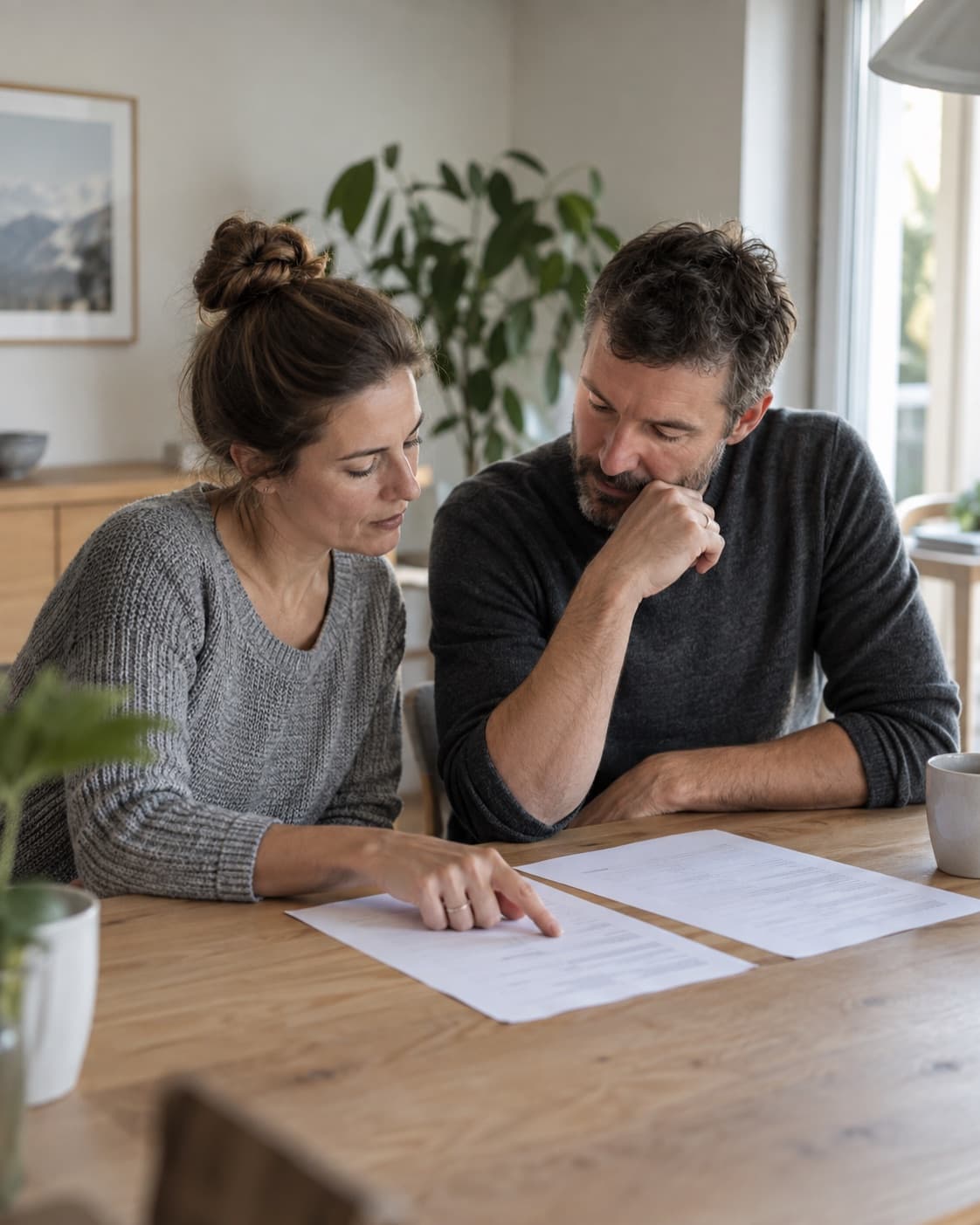 Un homme et une femme d’une quarantaine d’années comparent deux documents posés côte à côte sur une table de salle à manger.