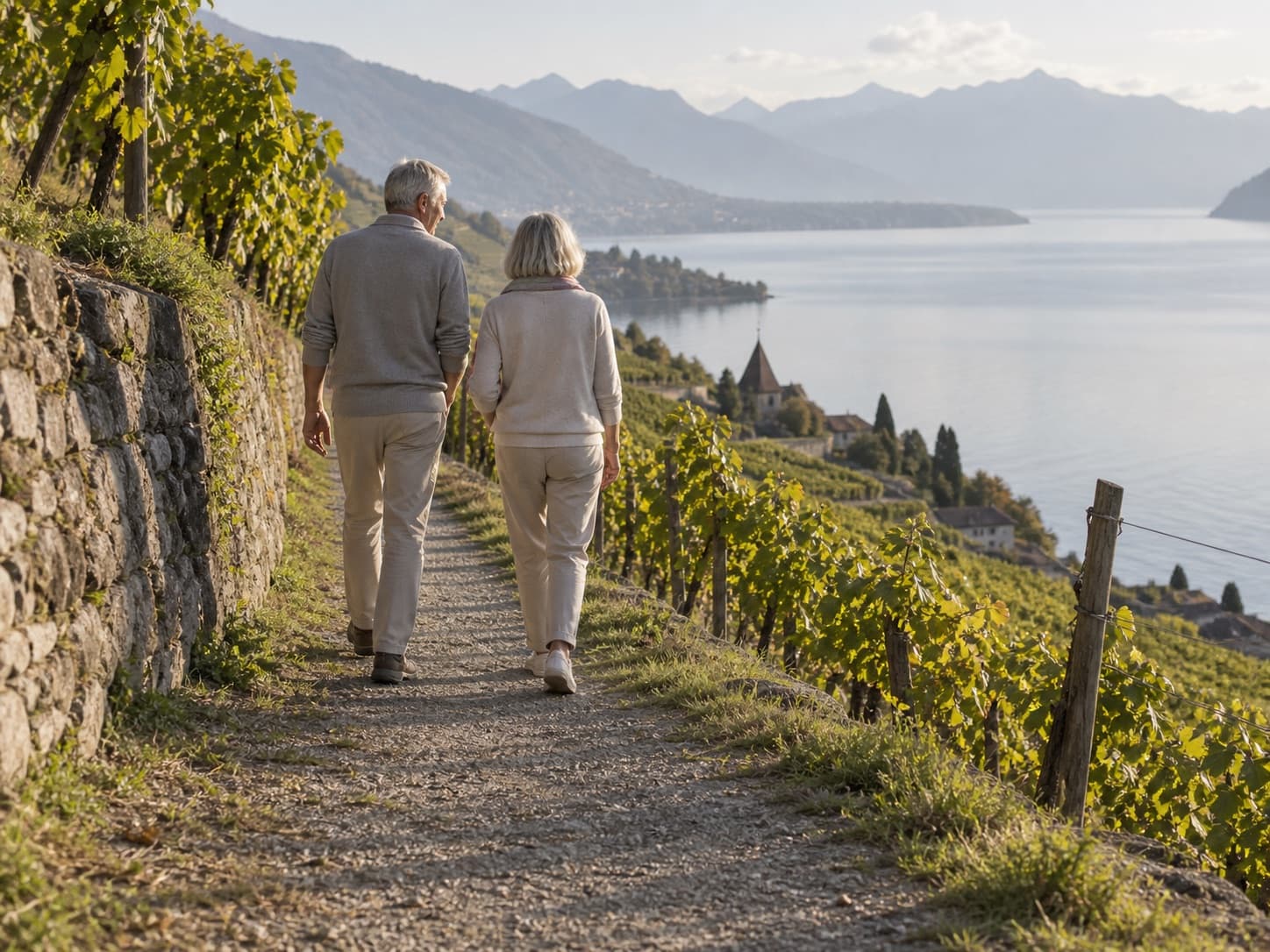 Un couple de jeunes retraités marche sur un sentier de vigne au-dessus d’un lac, en fin d’après-midi.