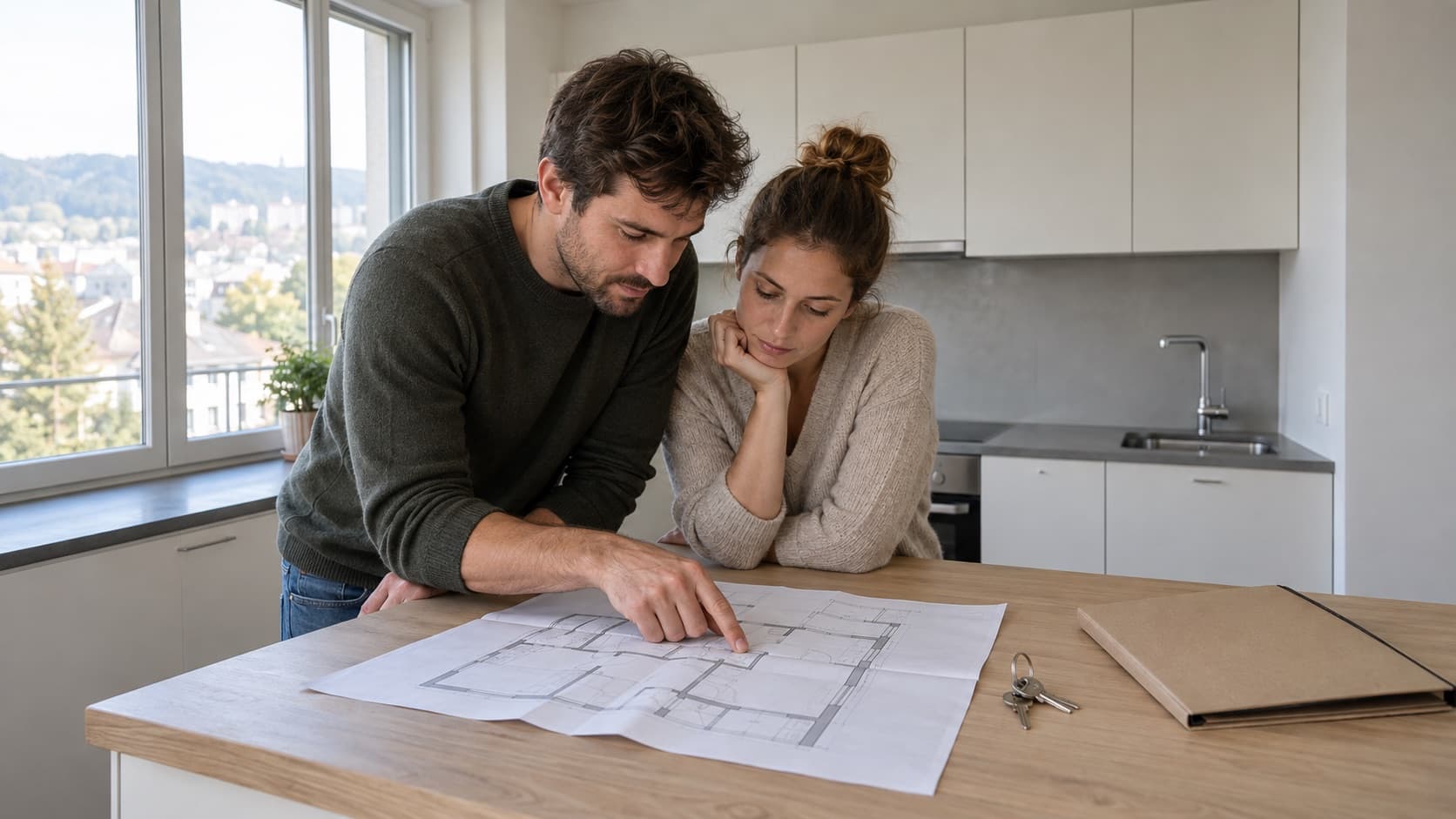 Un couple examine les plans d’un appartement posés sur la table d’une cuisine vide, une clé et un dossier de banque à côté
