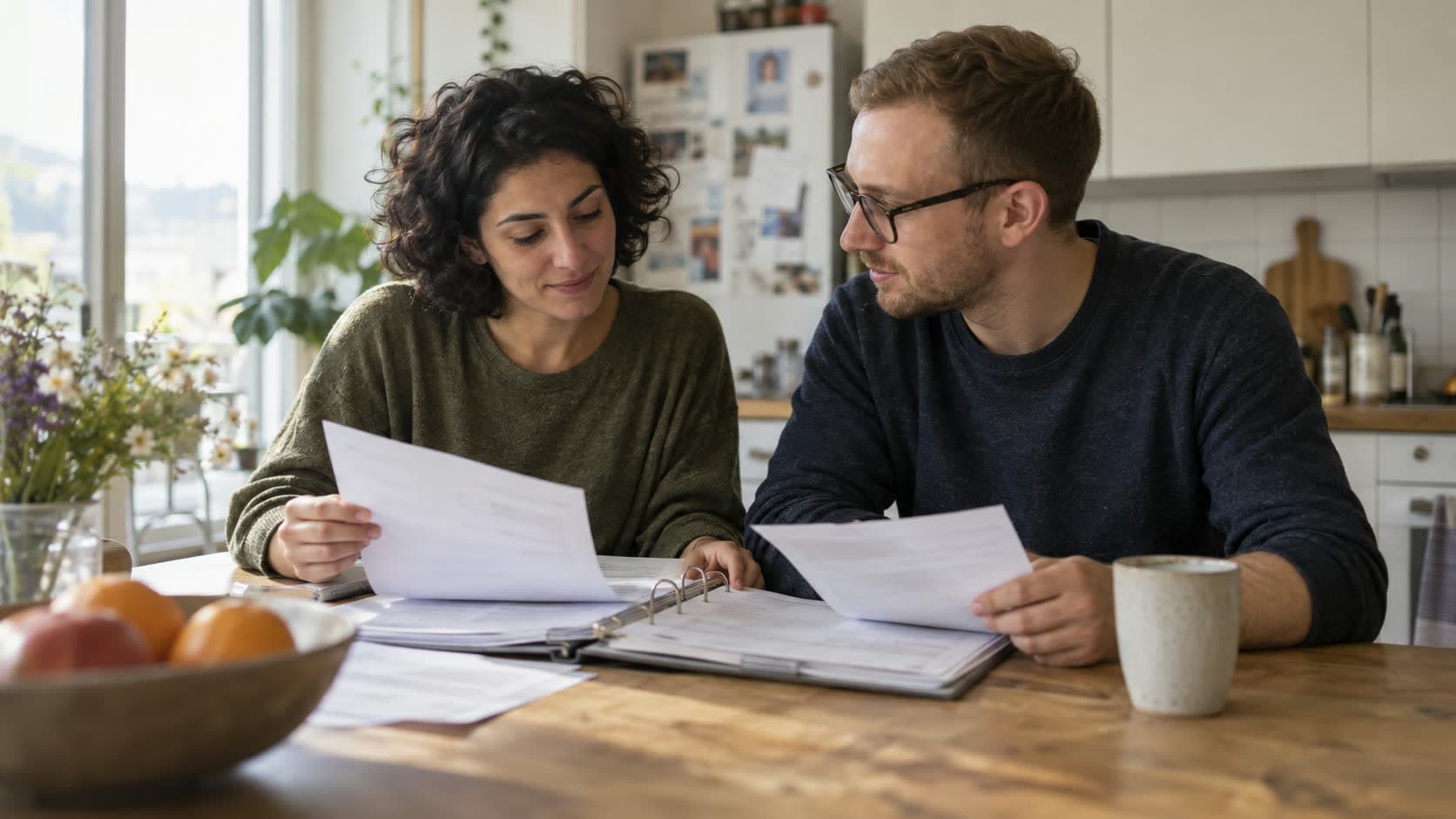 Un couple d’une trentaine d’années trie des documents administratifs à la table de la cuisine, un classeur ouvert devant eux