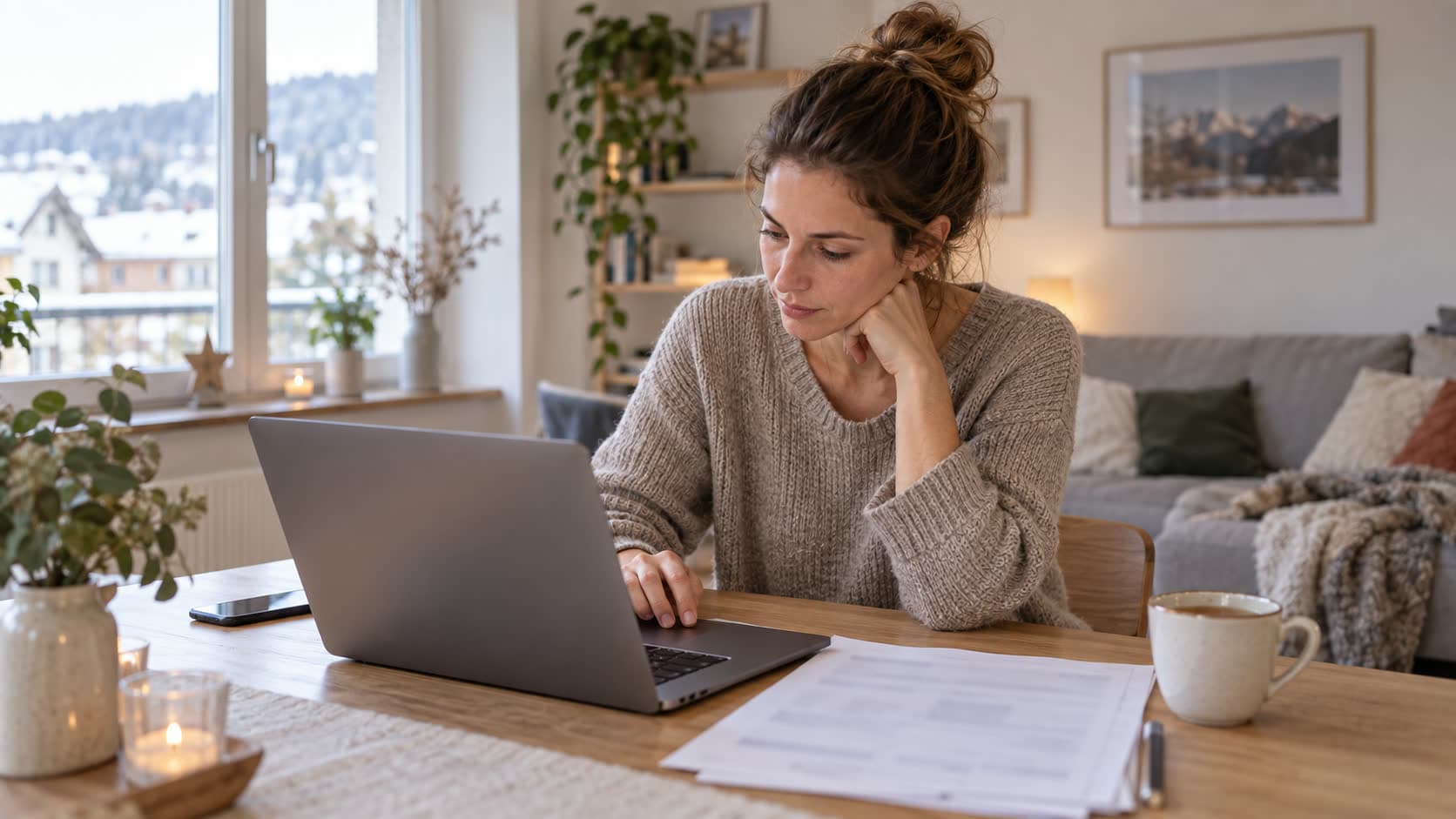 Une femme remplit sa déclaration d’impôt sur un ordinateur portable à la table de son salon, une attestation posée à côté du clavier