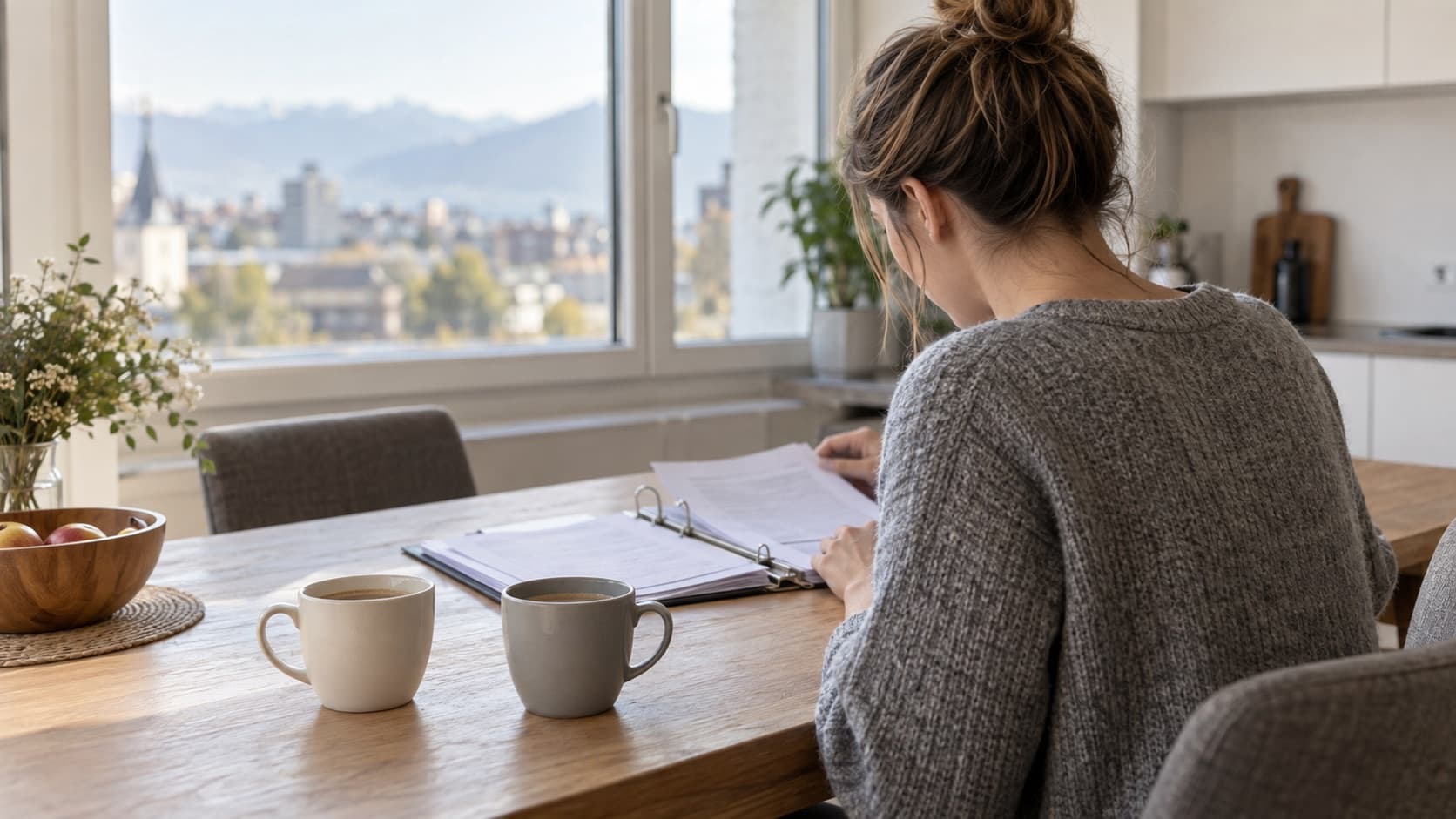 Deux tasses de café sur une table de cuisine, une femme de dos consulte un classeur ouvert devant une fenêtre